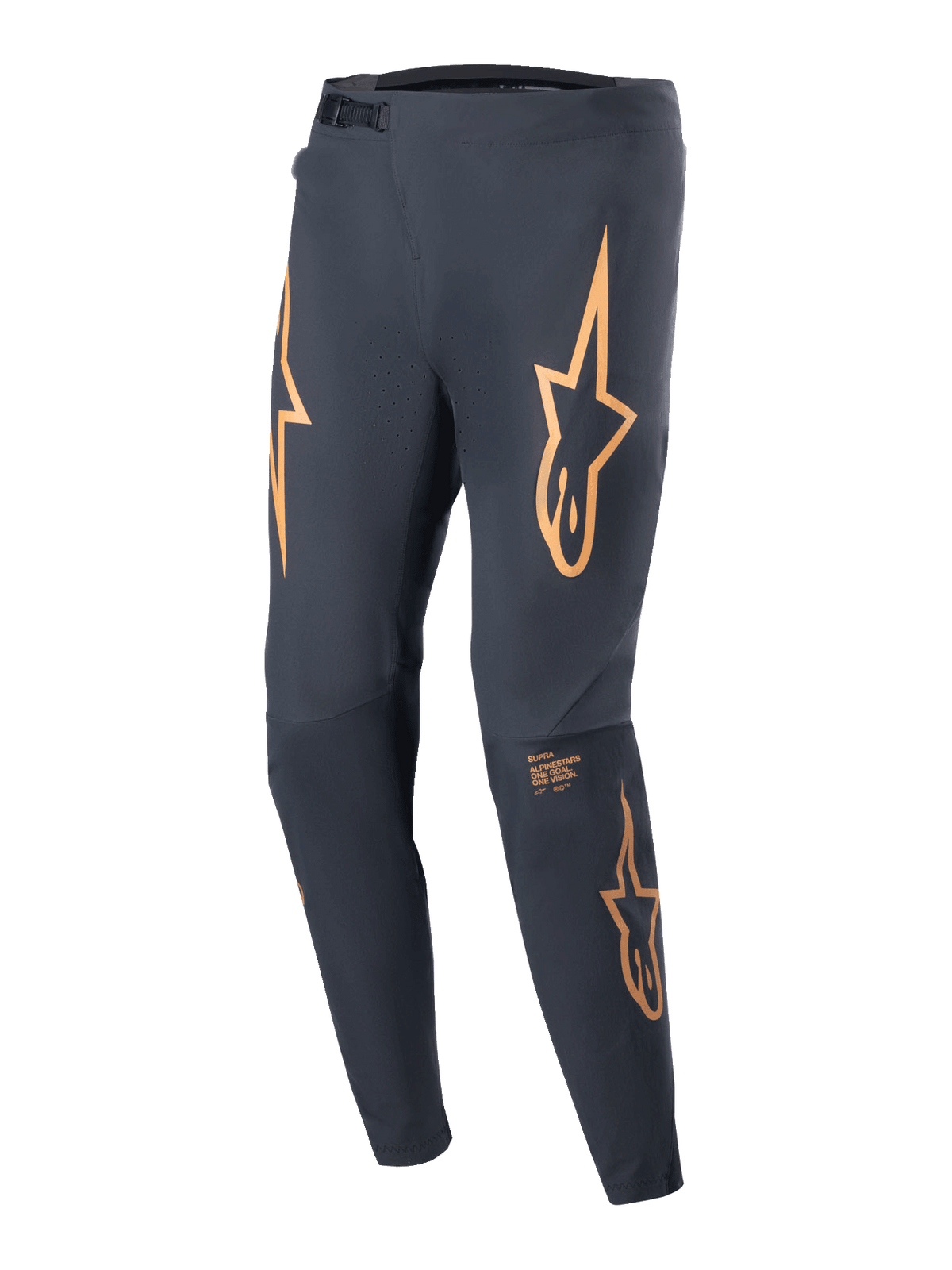 Alpinestars A-Supra Race Pants, spodnie rowerowe MTB, czarne z pomarańczowymi logotypami gwiazdy na udach, zapięcie na zapadkę, laserowa perforacja, zwężany sportowy krój