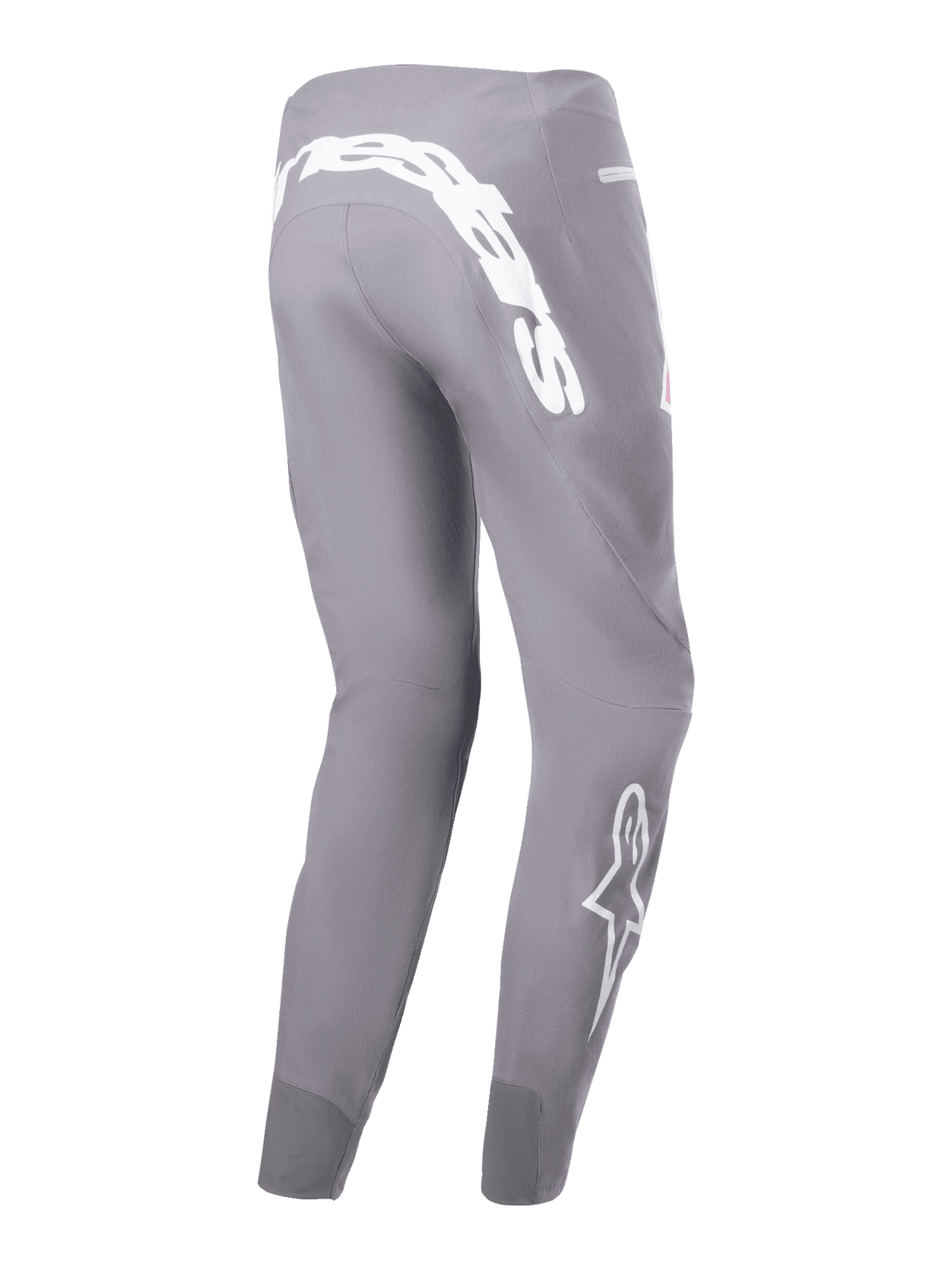 Alpinestars A-Supra Race Pants, spodnie wyścigowe MTB, ciemnoszare, z dużym białym napisem na karczku i białym logo gwiazdy na dole nogawki, dopasowany krój z tkaniny rozciągliwej w 4 kierunkach, wytrzymała odzież rowerowa terenowa