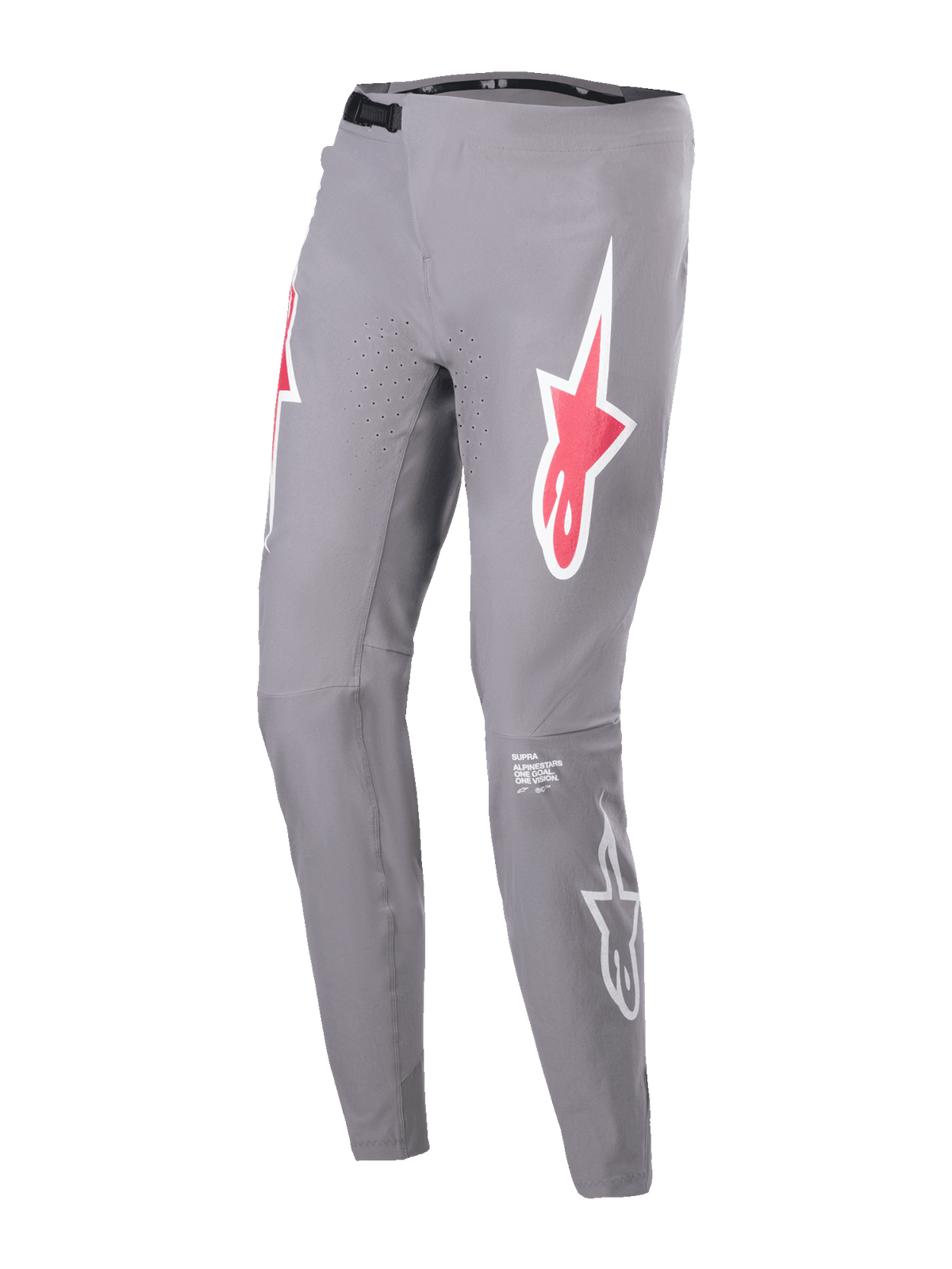 Alpinestars A-Supra Race Pants, spodnie wyścigowe MTB, ciemnoszare, z czerwono-białym logo gwiazdy na udach, laserowe perforacje wentylacyjne, czarne zapięcie zapadkowe w pasie, dopasowany krój sportowy do kolarstwa górskiego
