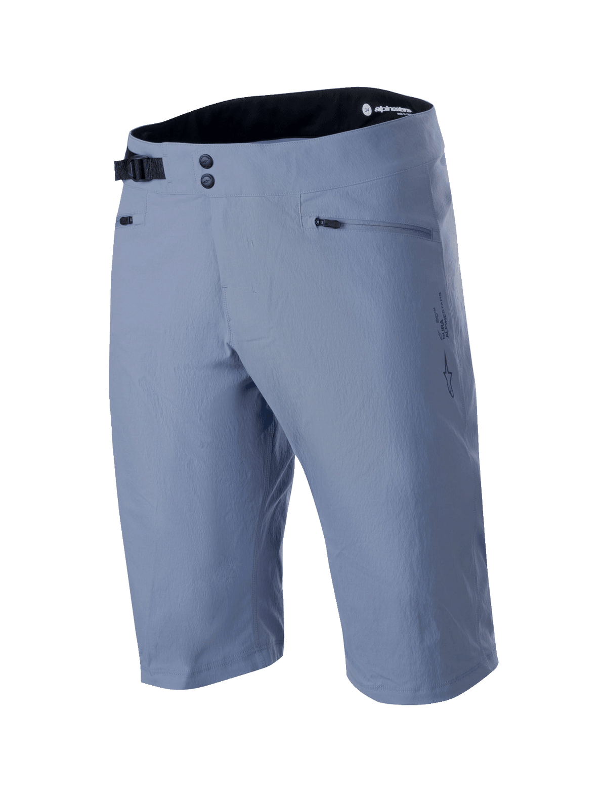 Alpinestars A-Dura Shorts, spodenki MTB, kolor Infinity Blue, z podwójnym zapięciem na napy, regulowaną czarną boczną klamrą, kieszeniami na zamek i teksturowanym materiałem rozciągliwym w dwóch kierunkach, techniczna odzież MTB