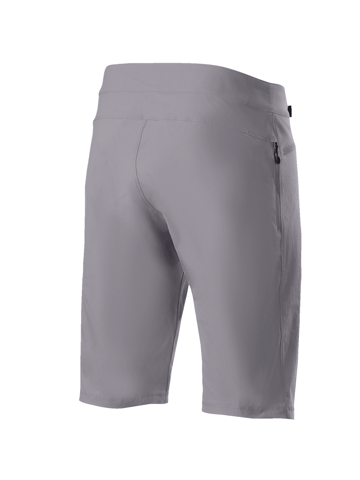 Alpinestars A-Dura Shorts, spodenki rowerowe MTB, ciemnoszare, widok z tyłu pod skosem ukazujący wytrzymały, rozciągliwy w dwóch kierunkach materiał oraz boczną kieszeń zapinaną na zamek, techniczna odzież rowerowa