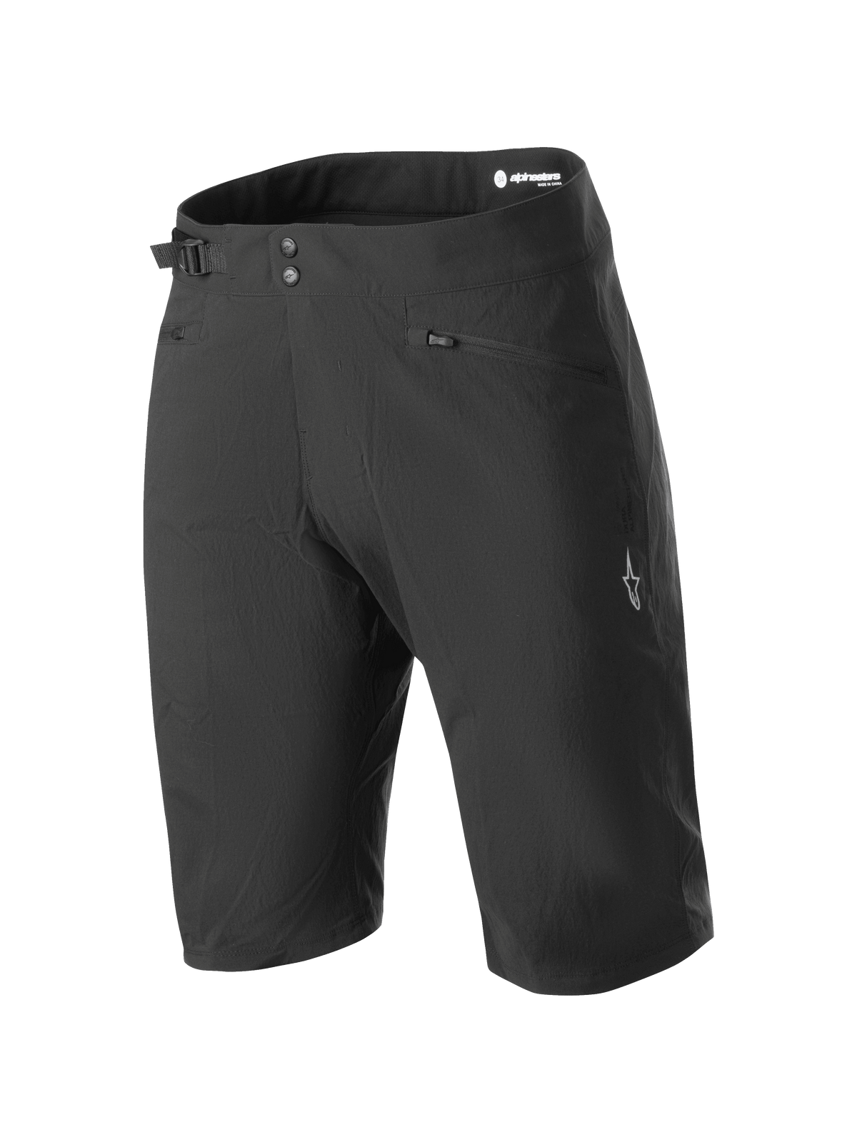 Alpinestars Stella A-Dura Liner Shorts, damskie czarne spodenki rowerowe MTB, długość do kolan, z podwójnym zapięciem na zatrzaski i boczną regulacją, kieszenie na zamek i logo z białą gwiazdą na nogawce, wytrzymały materiał 2-way stretch