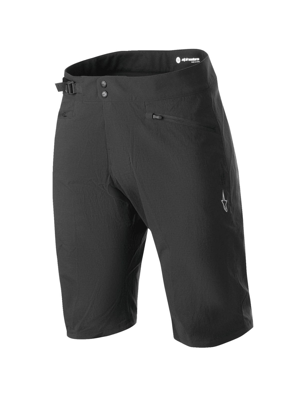 Alpinestars Stella A-Dura Shorts, damskie szorty rowerowe MTB, czarne, podwójne zapięcie na napy i boczna regulacja w pasie, kieszenie zapinane na zamek, techniczny krój do kolan, wytrzymały materiał rozciągliwy w dwóch kierunkach