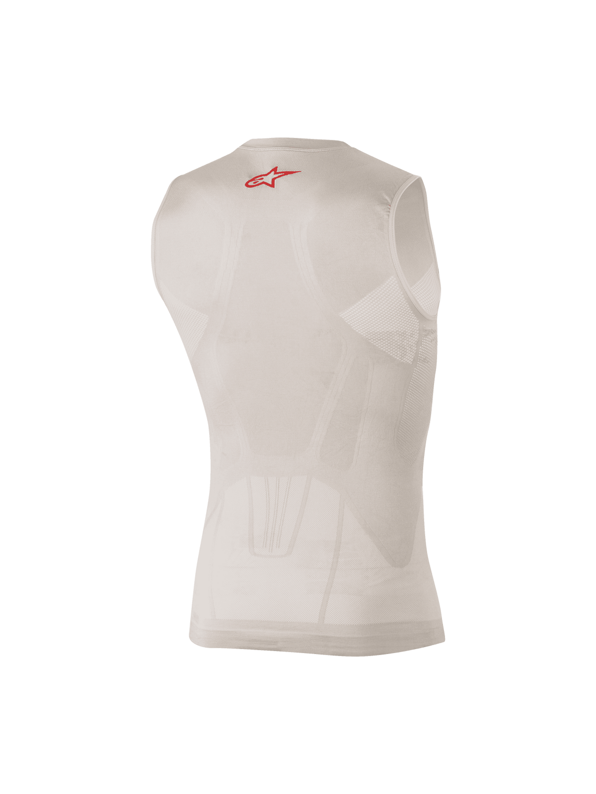 Alpinestars Tech Tank Summer, srebrno-czerwona koszulka termoaktywna bez rękawów, widok z tyłu ukazujący panele z siateczki typu body-mapped i małe czerwone logo w górnej części pleców, zaprojektowana do odprowadzania wilgoci i chłodzenia pod odzieżą motocrossową lub MTB.