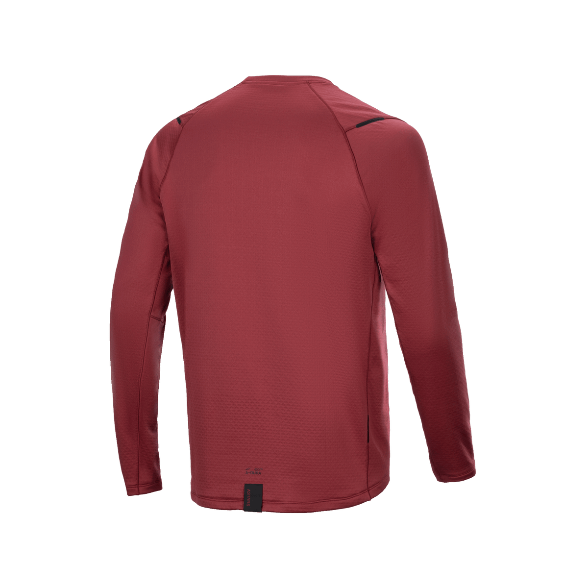 Alpinestars A-Dura Thermal Jersey, rowerowa koszulka termiczna z długim rękawem, burgundowa, widok z tyłu ukazujący przedłużony tył dla lepszej osłony, teksturowana tkanina izolacyjna, minimalistyczne logo na dole
