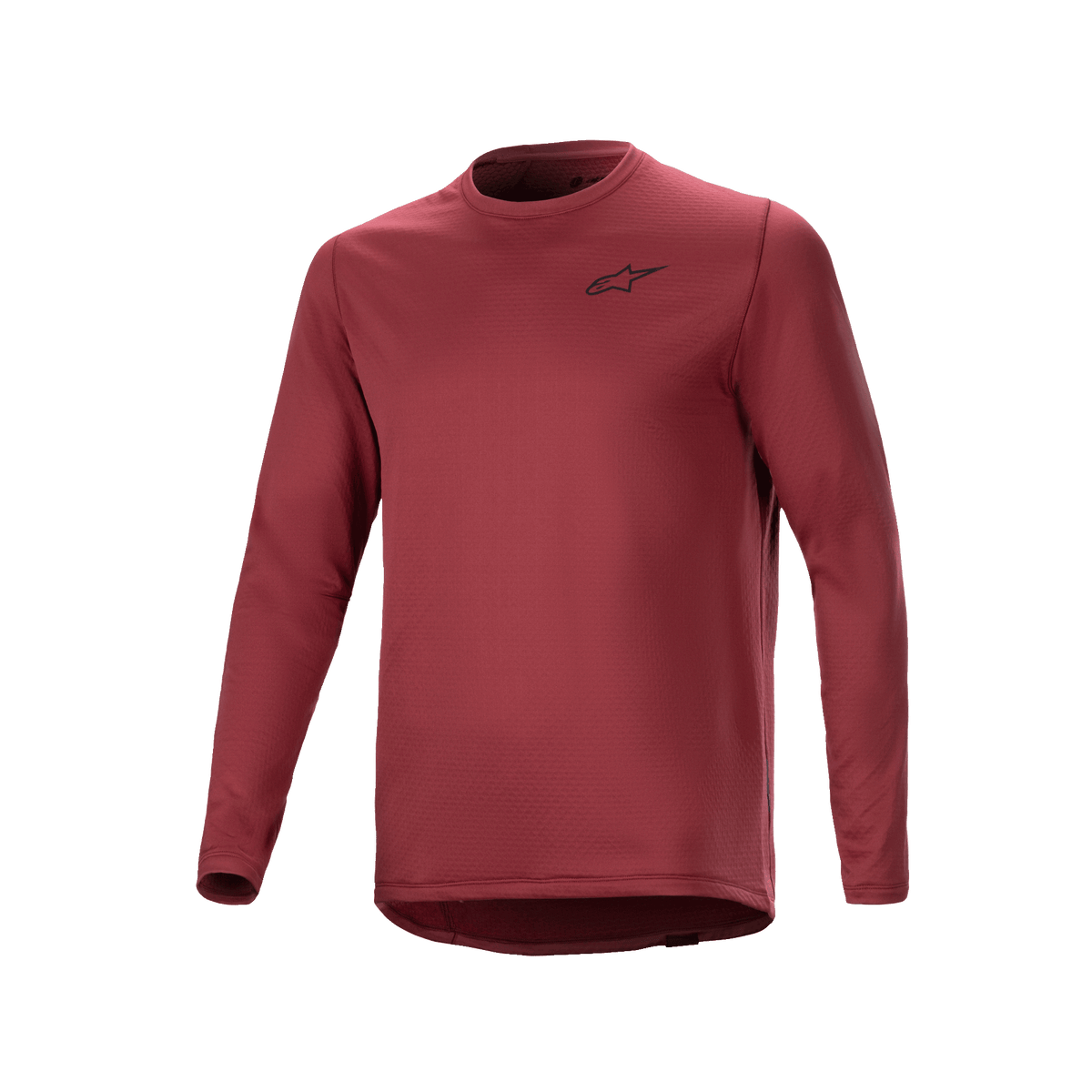 Alpinestars A-Dura Thermal Jersey, rowerowa koszulka termiczna z długim rękawem, bordowa, teksturowany materiał izolacyjny z małym czarnym logo gwiazdy na piersi, przedłużony tył do jazdy MTB.