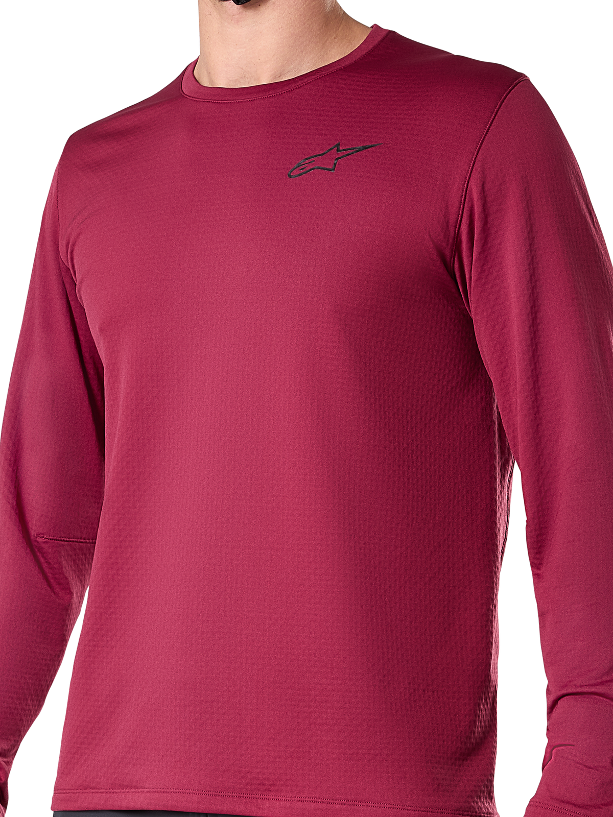 Alpinestars A-Dura Thermal Jersey, koszulka rowerowa z długim rękawem, burgundowa, z małym czarnym logo na piersi, teksturowana tkanina termiczna, regularny krój do jazdy MTB