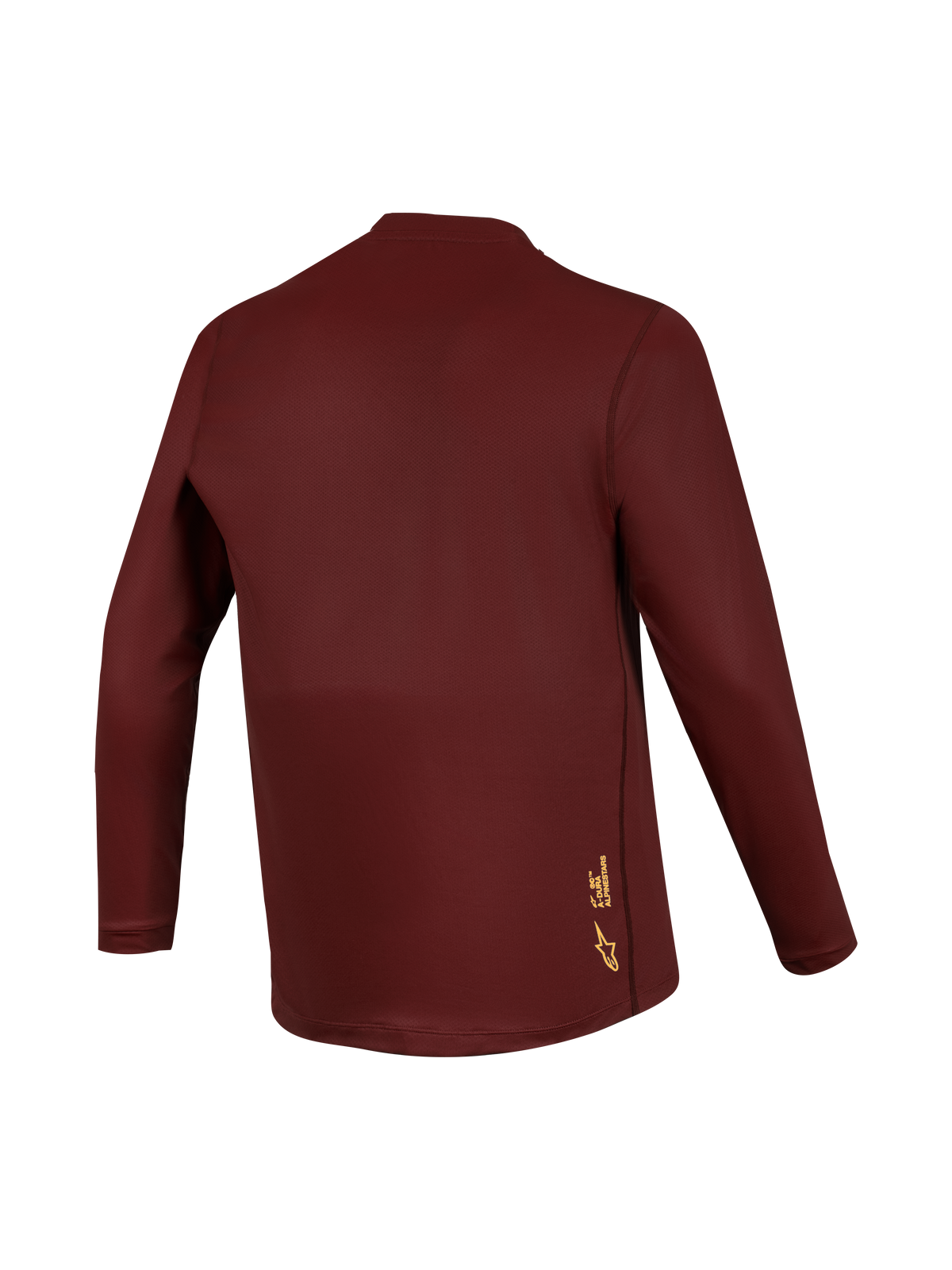 Koszulka Alpinestars A-Dura Ride LS w kolorze Bordeaux, techniczny dżersej jacquard i żółte logo na plecach.