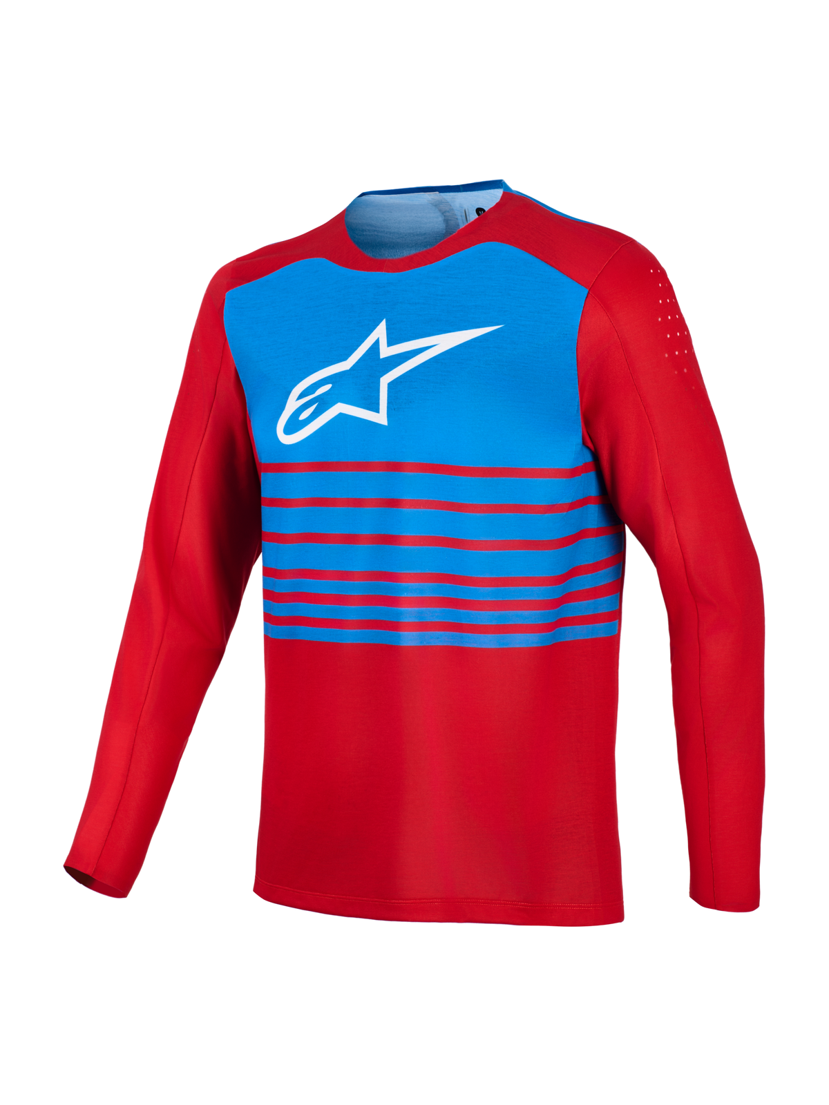 Czerwono-niebieska koszulka MTB A-Dura Elite 2.0 z długim rękawem, białym logo Alpinestars i wentylacją na bicepsach.