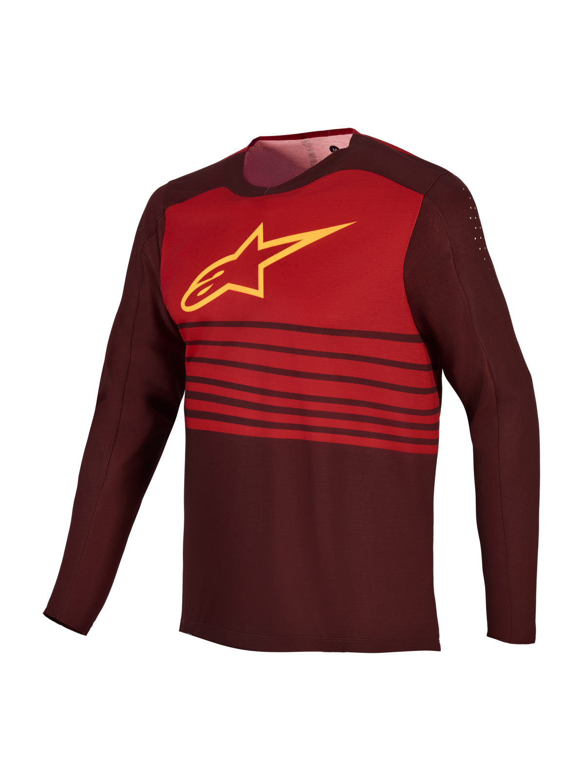 Koszulka MTB A-Dura Elite 2.0 Bordeaux, długi rękaw, czerwony blok na piersi i żółte logo Astars.