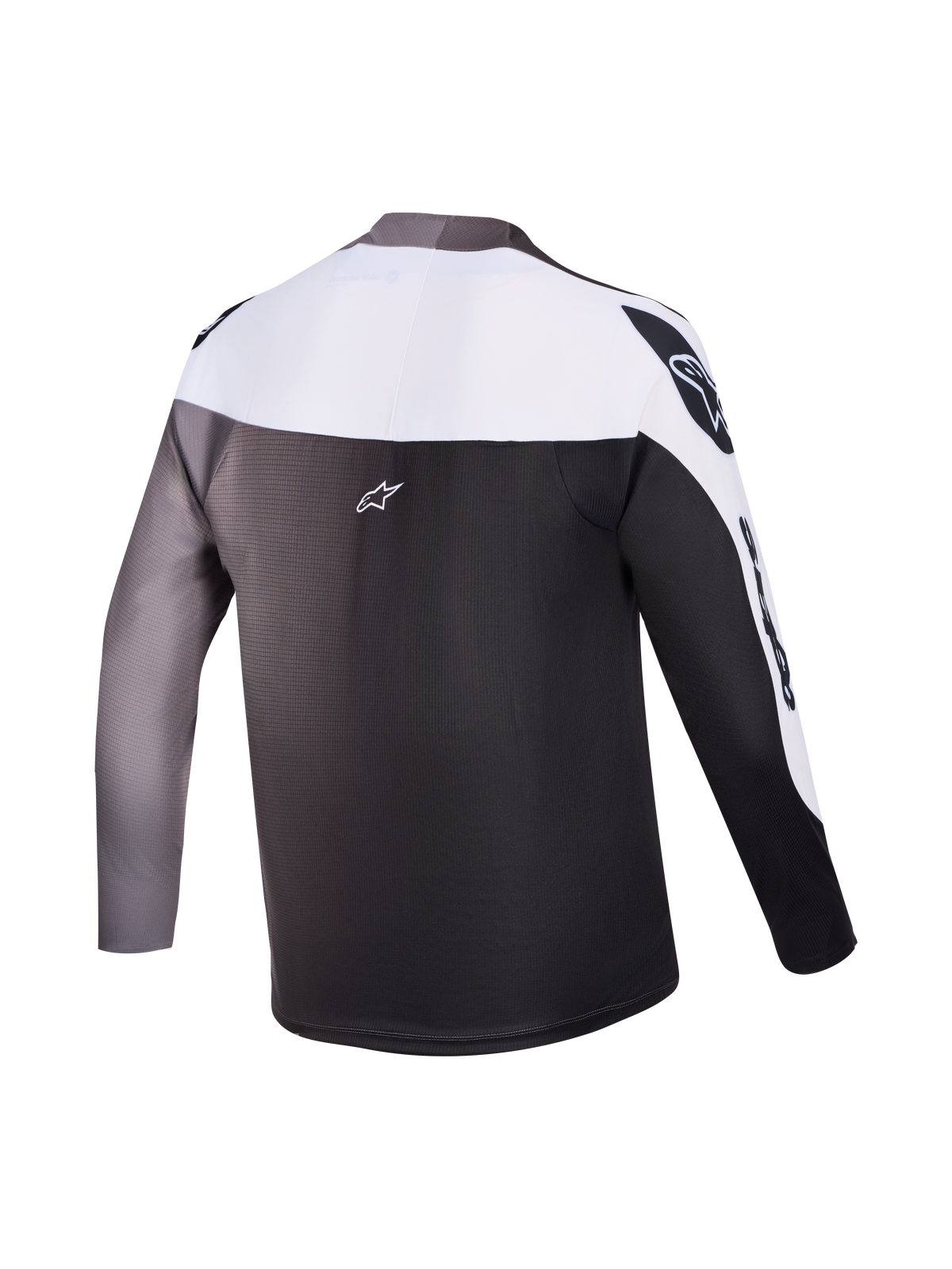 Koszulka A-Supra Elite, widok z tyłu, szary gradient, wyścigowy top MTB z długim rękawem i logo Alpinestars.