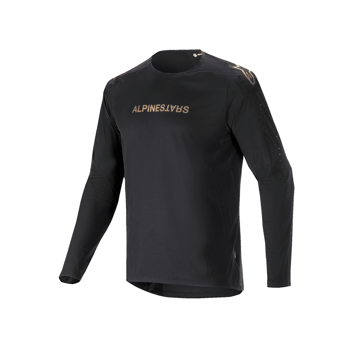 Alpinestars A-Aria Polartec Switch Long Sleeve Jersey, czarna koszulka rowerowa MTB, złote logo Alpinestars na klatce piersiowej i ramionach, laserowo perforowane rękawy, materiał Polartec odprowadzający wilgoć zapewniający wydajność w terenie