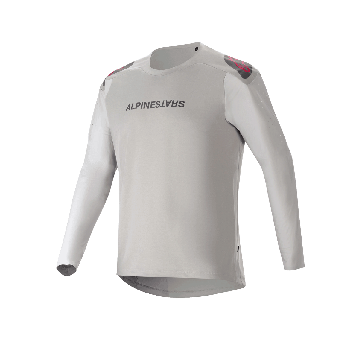 Alpinestars A-Aria Polartec Switch Jersey - Long Sleeve, jasnoszara koszulka rowerowa MTB z czarnym logo na piersi, czerwonymi i czarnymi akcentami na ramionach oraz laserowo perforowanymi rękawami dla wentylacji