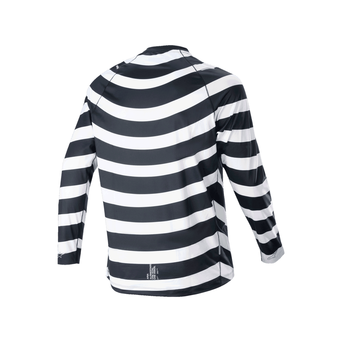 Alpinestars A-Aria Oscar Long Sleeve Jersey, czarno-biała, widok z tyłu z tradycyjną spiralną grafiką, rowerowa koszulka z długim rękawem, sportowy krój i przedłużany tył do jazdy trailowej MTB
