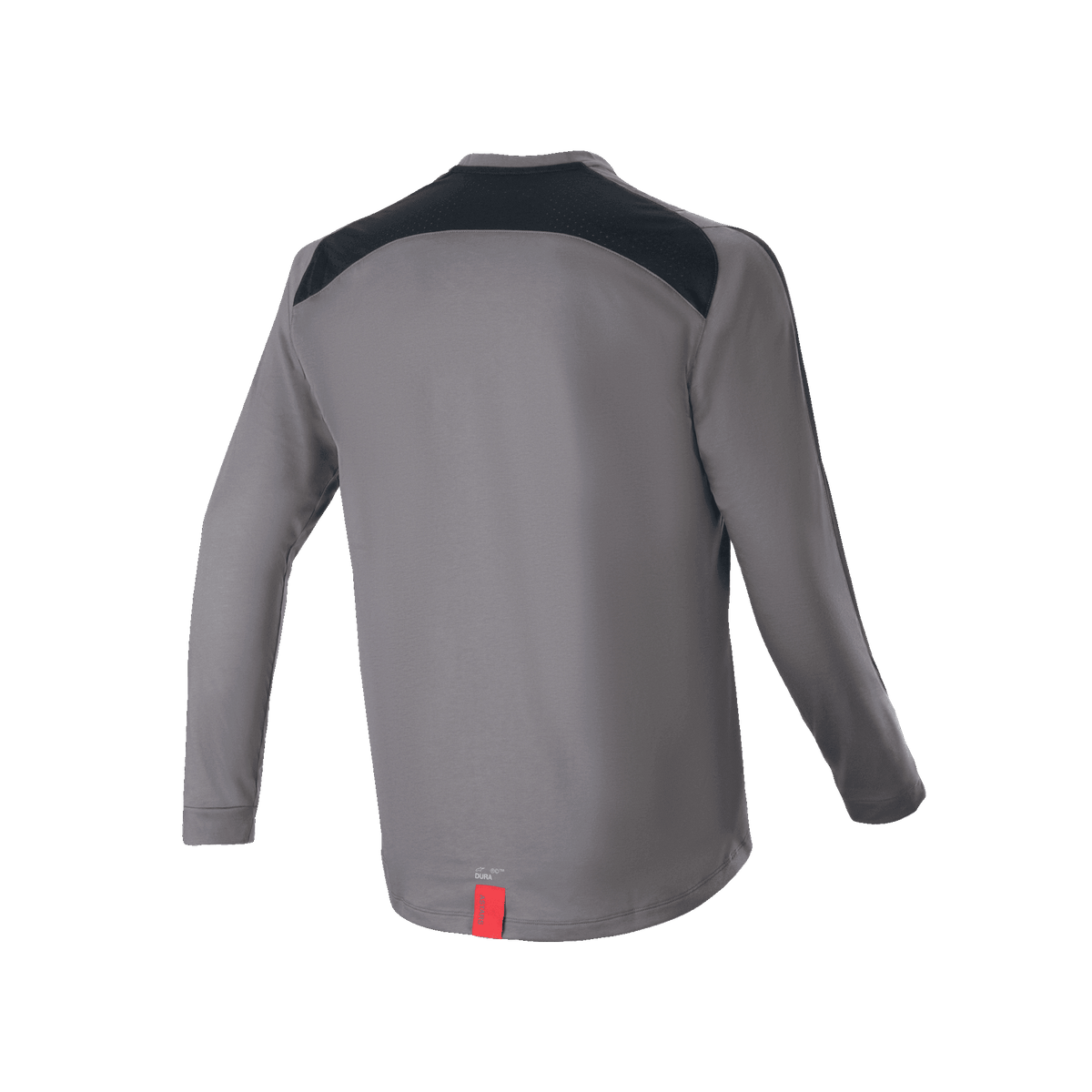 Alpinestars A-Dura Dri Astar Long Sleeve Jersey, Dark Gray, back view featuring black mesh ventilation panels across the shoulders and a small red tag at the hem, technical mountain bike apparel