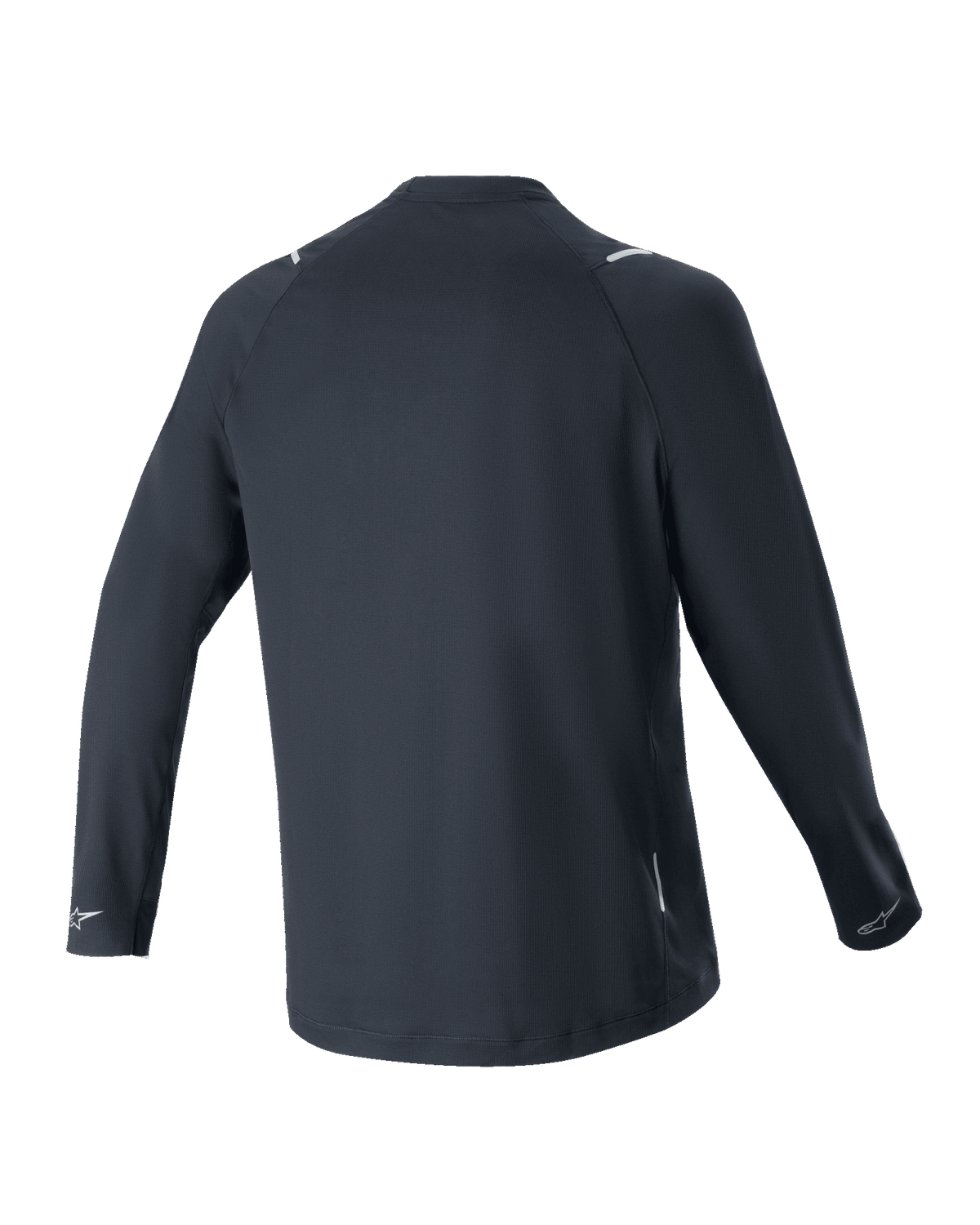 Alpinestars A-Aria Switch Long Sleeve Jersey, czarna koszulka rowerowa, widok z tyłu, lekki i oddychający materiał poliestrowy, przedłużony tył zapewniający osłonę, odblaskowe logo Alpinestars na mankietach, sportowy krój do jazdy MTB