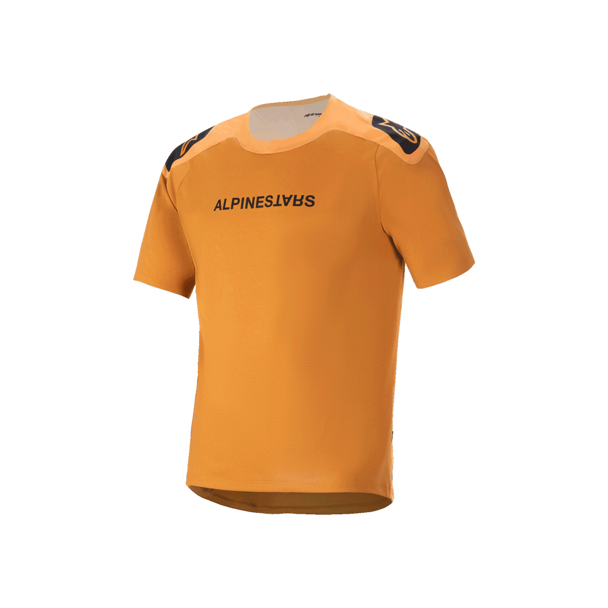 Alpinestars A-Aria Polartec Switch Short Sleeve Jersey, ciemnozłota koszulka z krótkim rękawem, czarny napis Alpinestars na klatce piersiowej, logo na ramionach, techniczna odzież do jazdy na rowerze górskim z przedłużonym tyłem