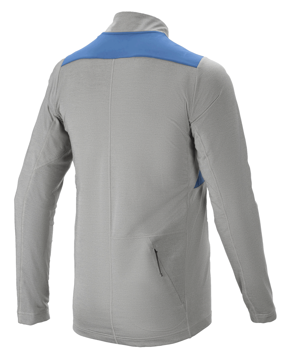 Alpinestars Nevada Long Sleeve Jersey, back view, Melange Gray with Mid Blue shoulder panel, featuring a zippered rear pocket and elongated drop tail, mountain bike performance wear
