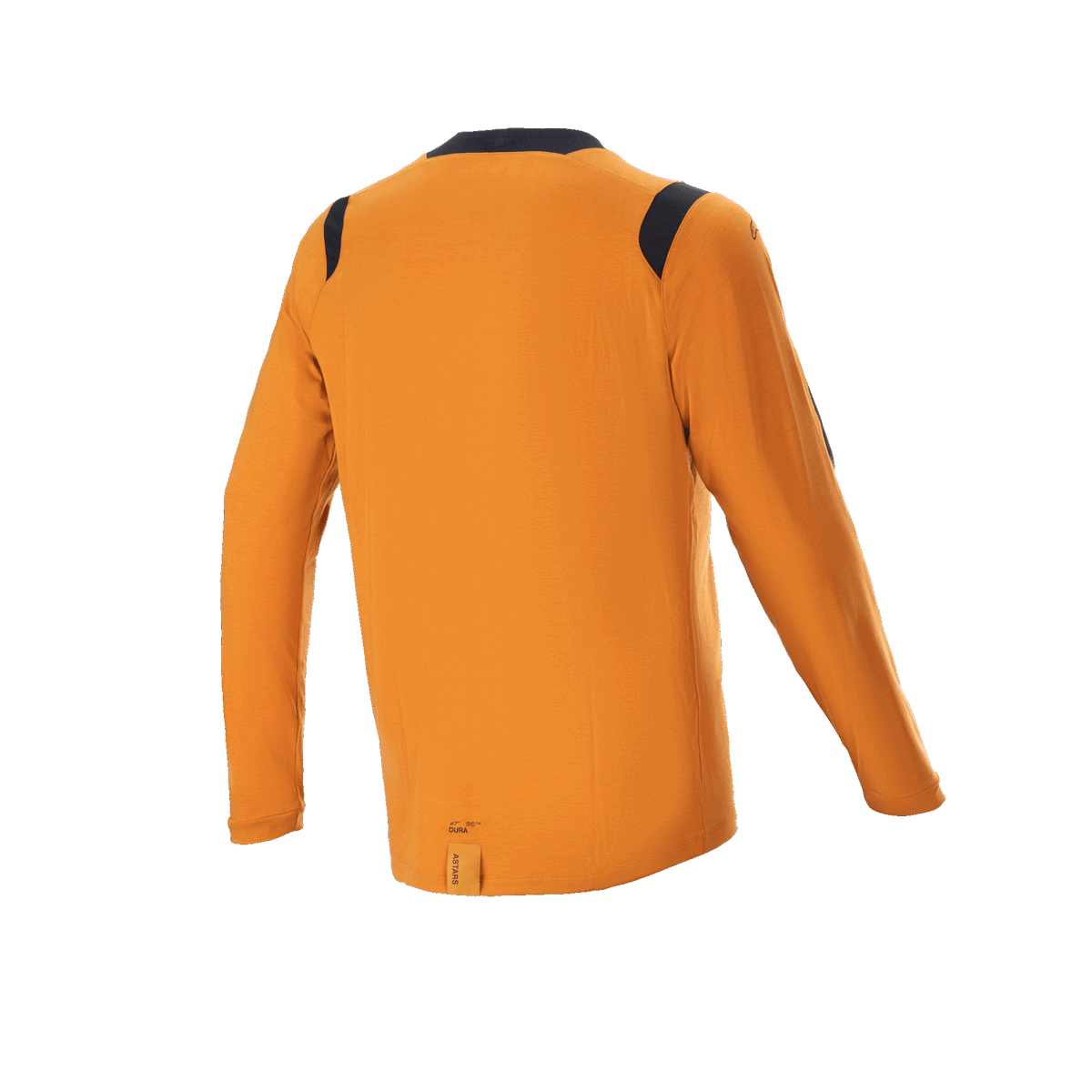 Alpinestars A-Dura Dri Wool Long Sleeve Jersey, ciemnozłota, widok z tyłu z czarnymi panelami z siatki na ramionach i kołnierzu, techniczna odzież MTB z wydłużonym tyłem