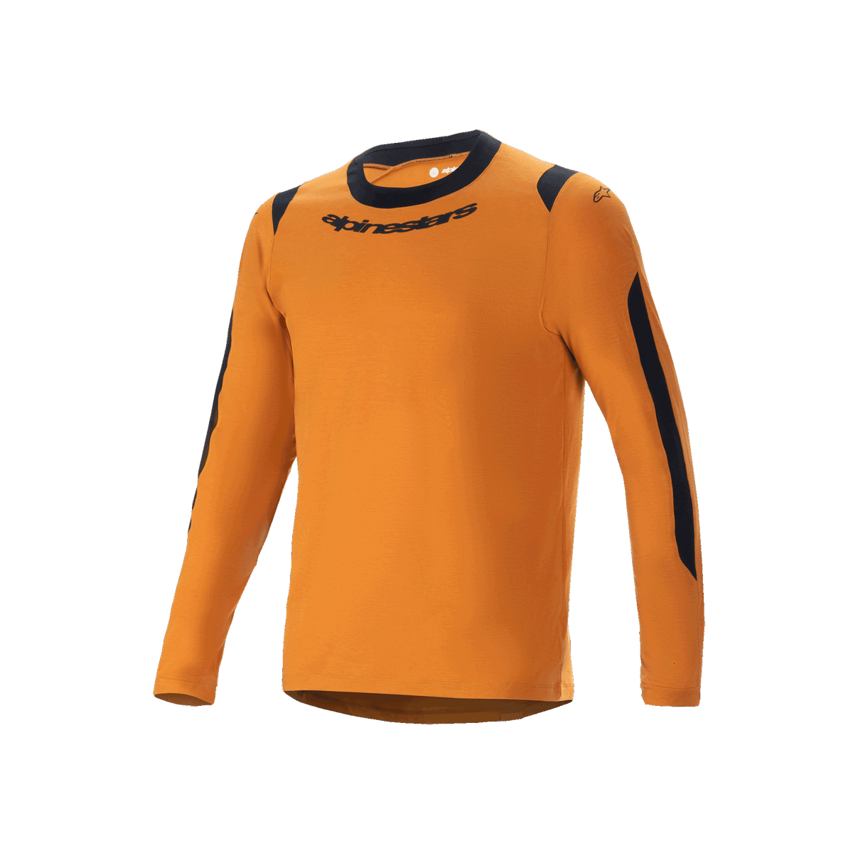 Alpinestars A-Dura Dri Wool Jersey - Long Sleeve, koszulka rowerowa MTB, ciemnozłota, czarny okrągły dekolt i panele z siateczki na barkach i rękawach, napis Alpinestars na piersi, techniczna mieszanka wełny do jazdy na szlaku