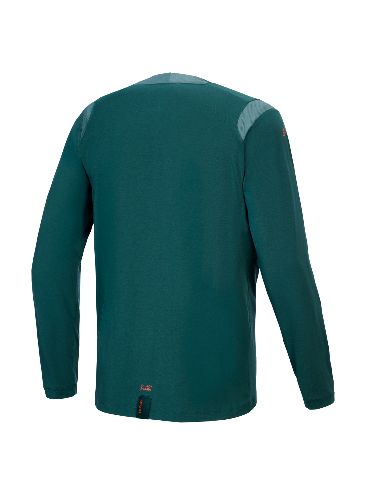 Alpinestars A-Dura Dri Wool Jersey - Long Sleeve, Dark Pine, widok z tyłu z panelami z siatki na ramionach i kołnierzu, techniczna tkanina z mieszanki wełny, przedłużony tył zapewniający osłonę MTB, małe pomarańczowe logo na dolnej krawędzi