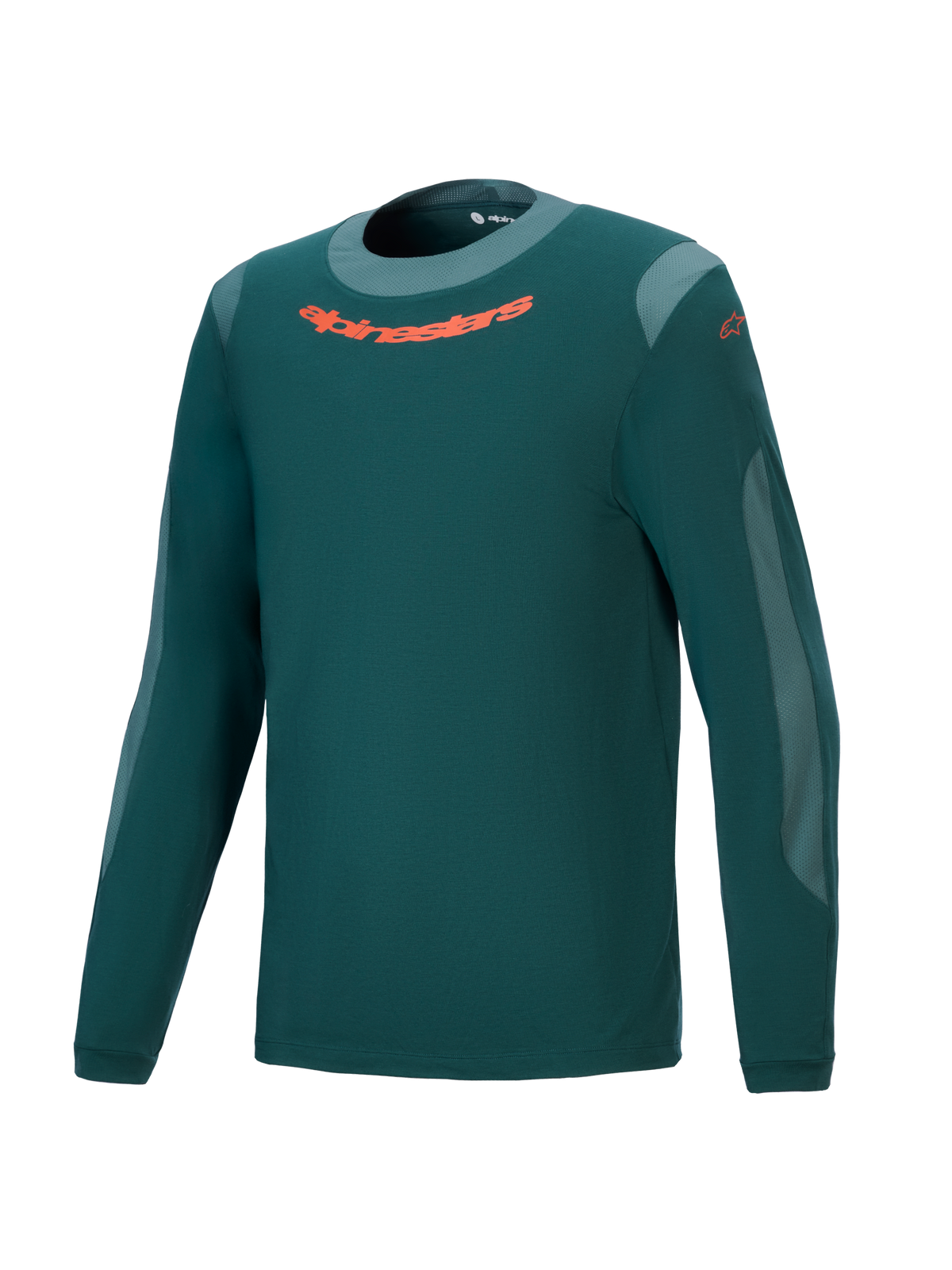 Alpinestars A-Dura Dri Wool Jersey, koszulka rowerowa MTB z długim rękawem, kolor ciemnozielony, pomarańczowe logo na klatce piersiowej, jasnoszare panele z siatki i okrągły dekolt