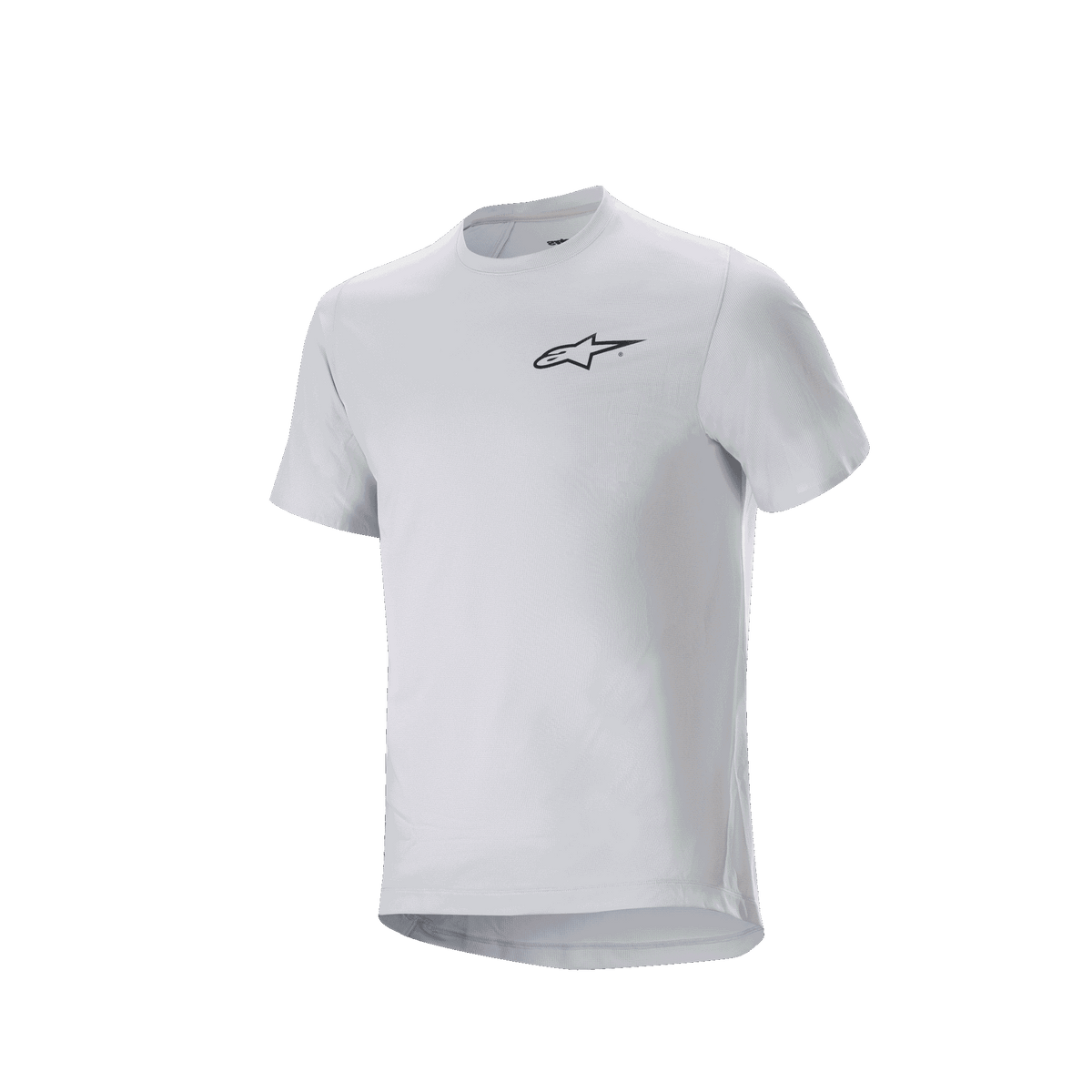 Alpinestars A-Aria Astar Jersey, koszulka rowerowa z krótkim rękawem, kolor White Dove, małe czarne logo Alpinestars na piersi, sportowy krój z wydłużonym tyłem do jazdy MTB