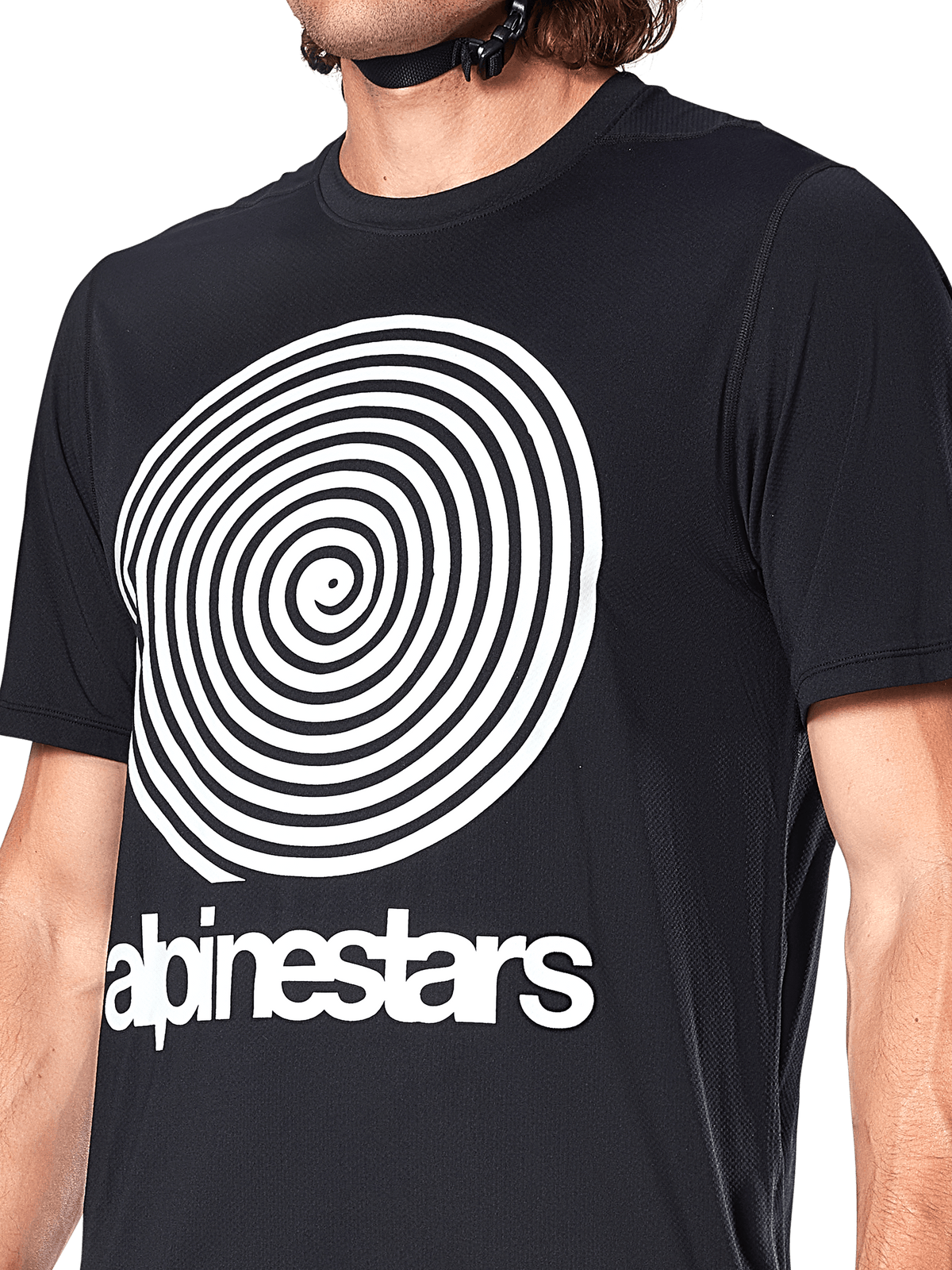Alpinestars A-Dura Oscar Jersey, Short Sleeve MTB Jersey, Black, featuring a large white vintage Oscar spiral graphic and Alpinestars wordmark on the chest, performance cycling apparel