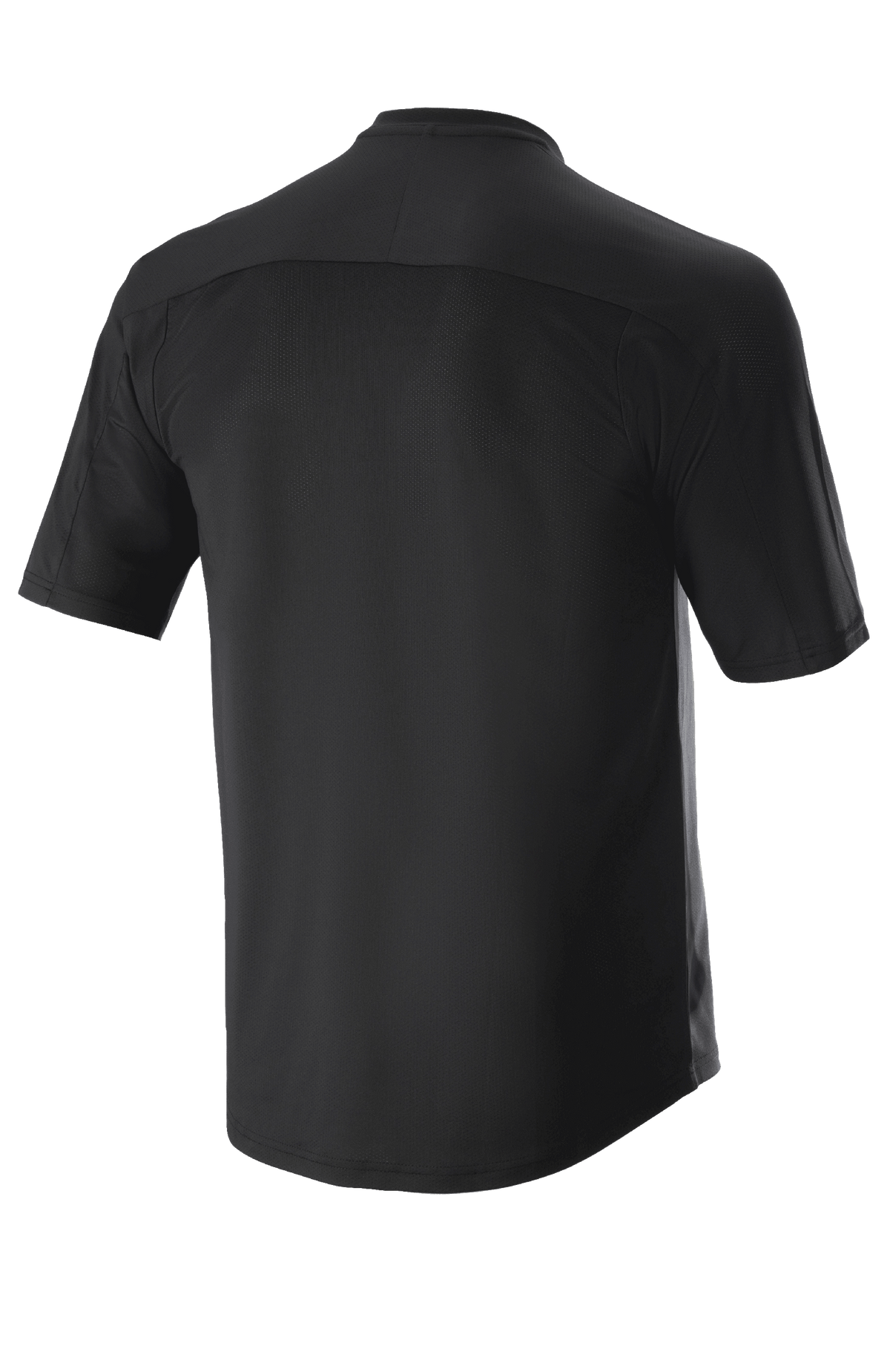 Alpinestars Drop Meta Jersey - krótki rękaw, czarna, widok z tyłu z unikalnym karczkiem na ramionach i szwami na rękawach, przedłużony tył dla lepszej osłony, lekka oddychająca siateczka do kolarstwa górskiego