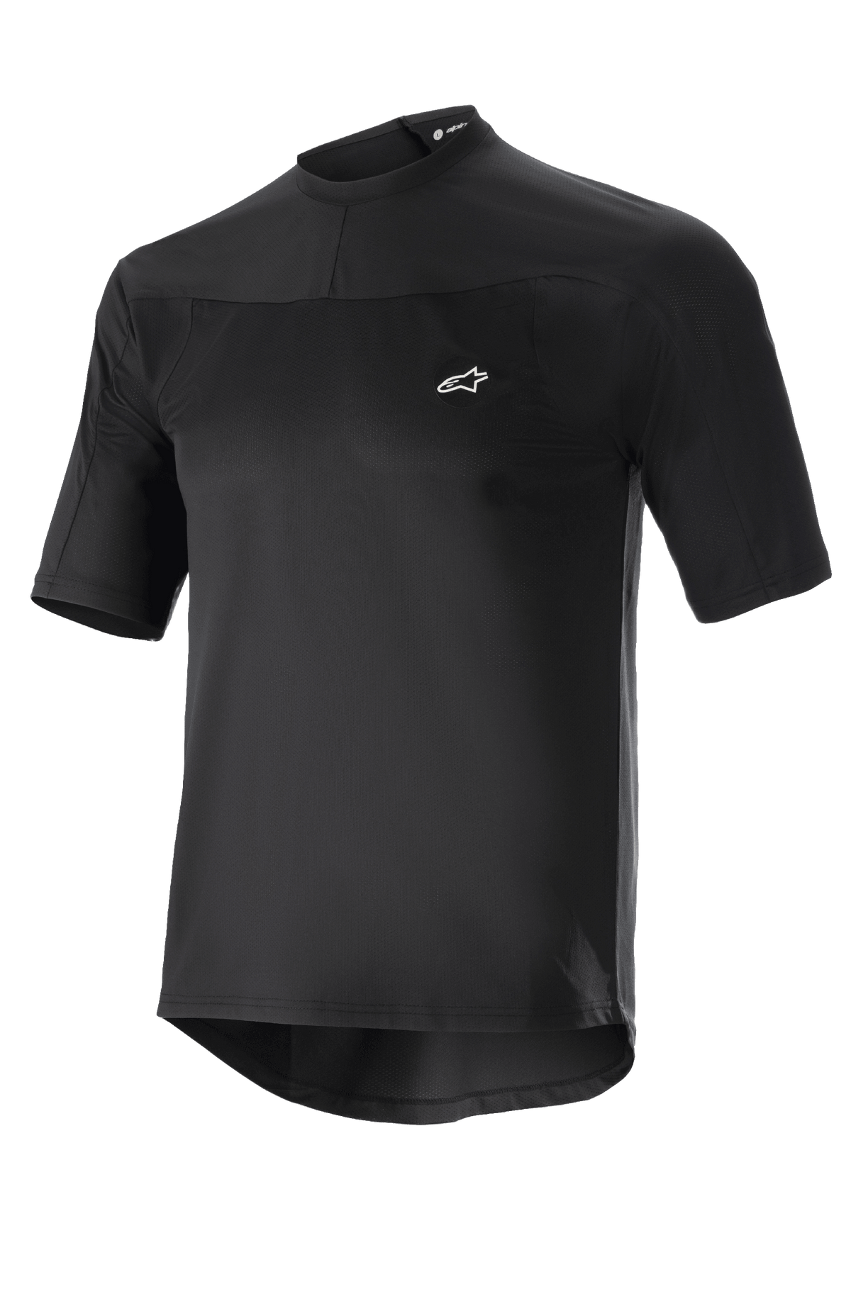 Alpinestars Drop Meta Jersey, koszulka rowerowa MTB z krótkim rękawem, czarna, lekka siateczkowa tkanina, małe białe logo na piersi, okrągły kołnierzyk i przedłużony tył dla lepszej osłony pleców
