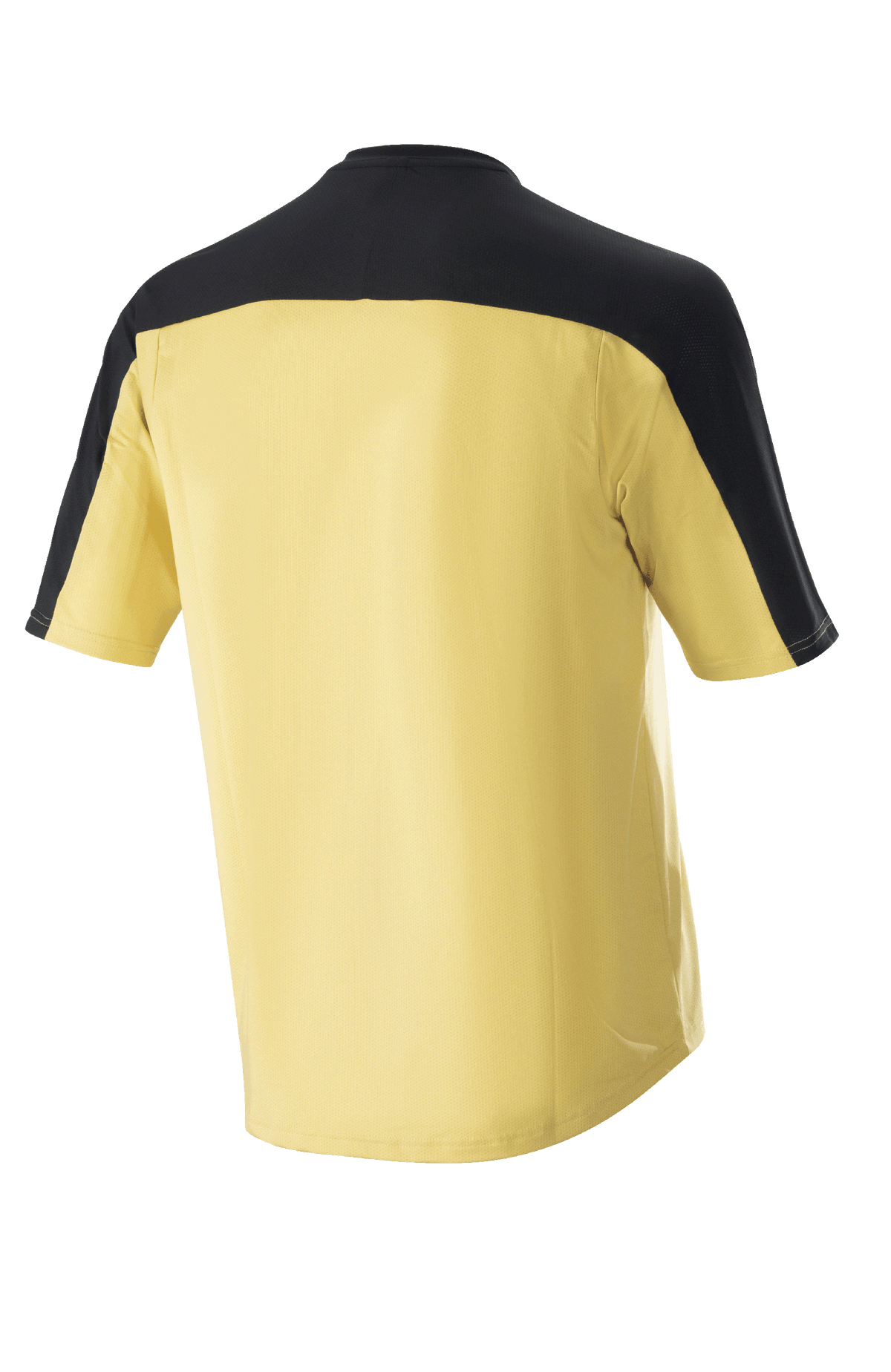 Alpinestars Drop Meta Jersey - krótki rękaw, koszulka rowerowa MTB, złota z czarnym karczkiem i panelami na rękawach, widok z tyłu, przedłużony tył dla lepszej osłony, lekki materiał z siateczki