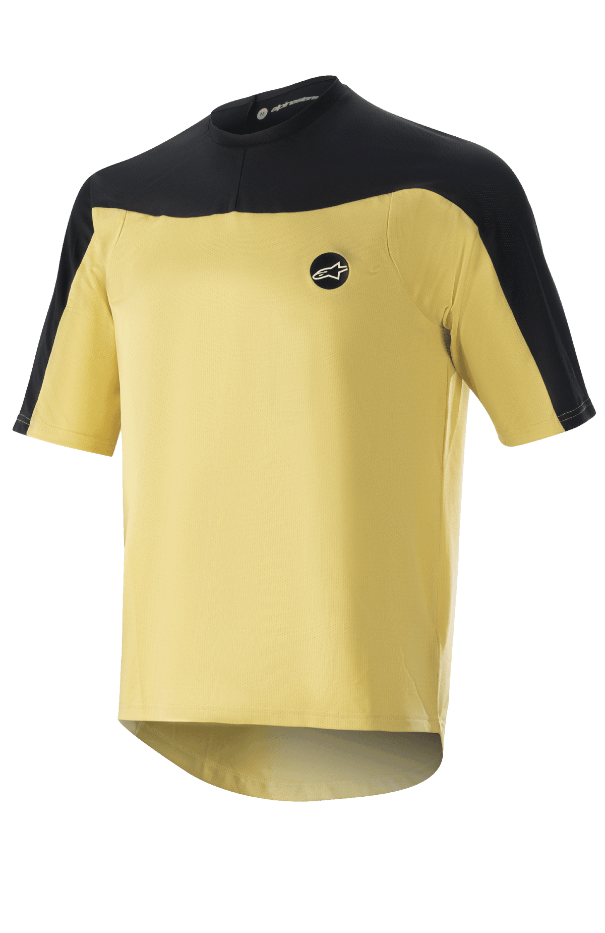Alpinestars Drop Meta Jersey - Short Sleeve, koszulka rowerowa MTB, złota i czarna, siateczkowa konstrukcja z kontrastowymi panelami na ramionach, okrągłe logo na piersi i przedłużony tył