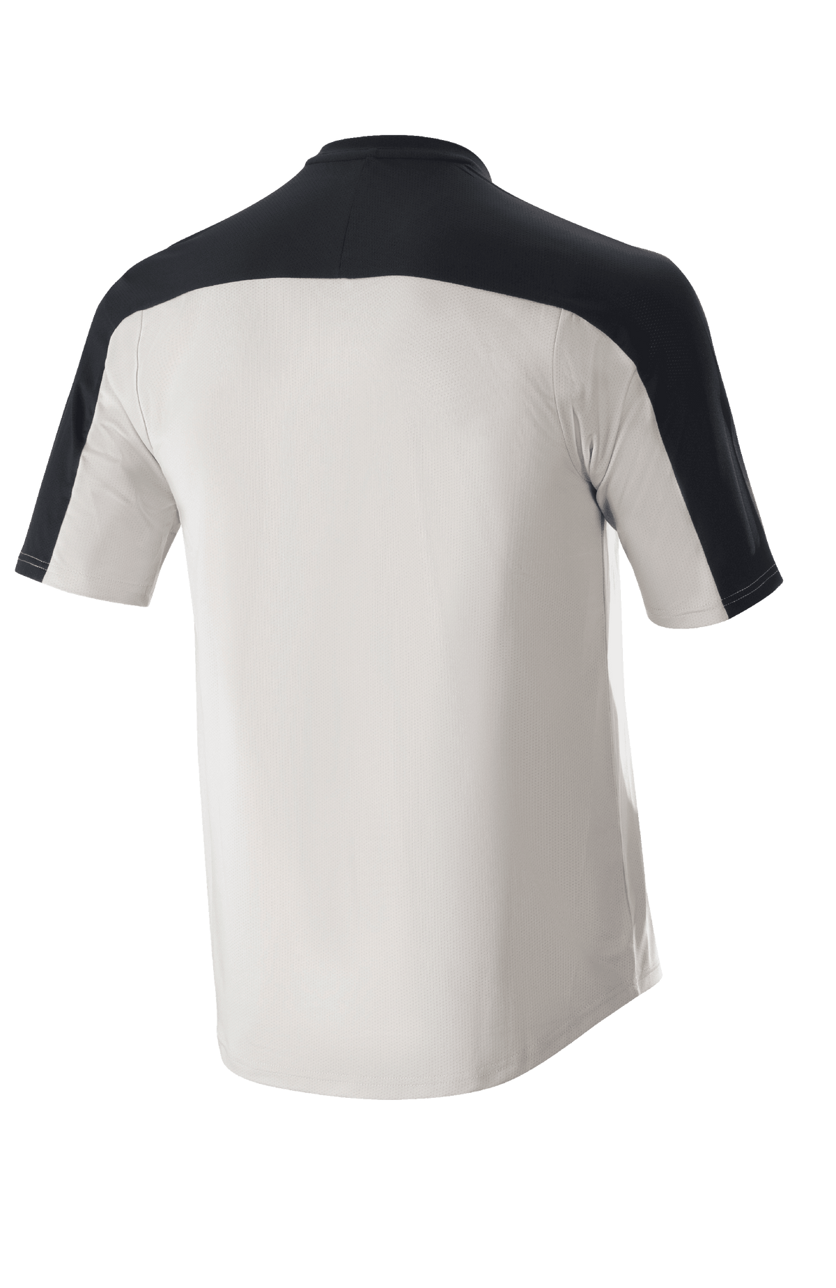 Alpinestars Drop Meta Jersey - krótki rękaw, koszulka MTB, jasnoszara i czarna, widok z tyłu z czarnym karczkiem na ramionach i przedłużonym tyłem, oddychająca siateczkowa konstrukcja do jazdy w terenie