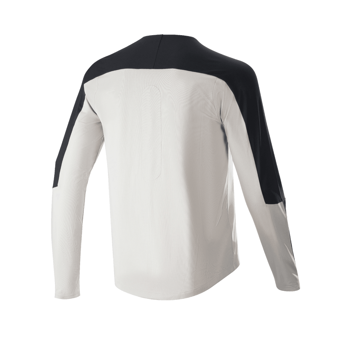 Alpinestars Drop Meta Jersey - Long Sleeve, koszulka MTB, jasnoszara z czarnymi akcentami na ramionach i rękawach, widok z tyłu pokazujący przedłużony tył, oddychająca tkanina siatkowa do jazdy terenowej