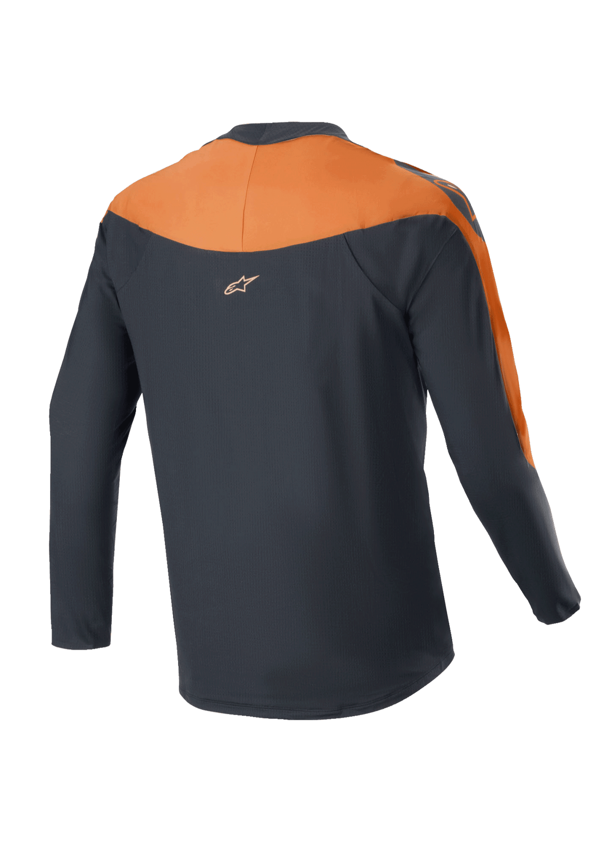 Alpinestars A-Supra Race Jersey - Long Sleeve, koszulka MTB, czarno-pomarańczowa, widok z tyłu pokazujący pomarańczowe panele na ramionach i rękawach, małe logo Alpinestars w górnej części pleców, przedłużony tył zapewniający osłonę podczas jazdy na rowerze
