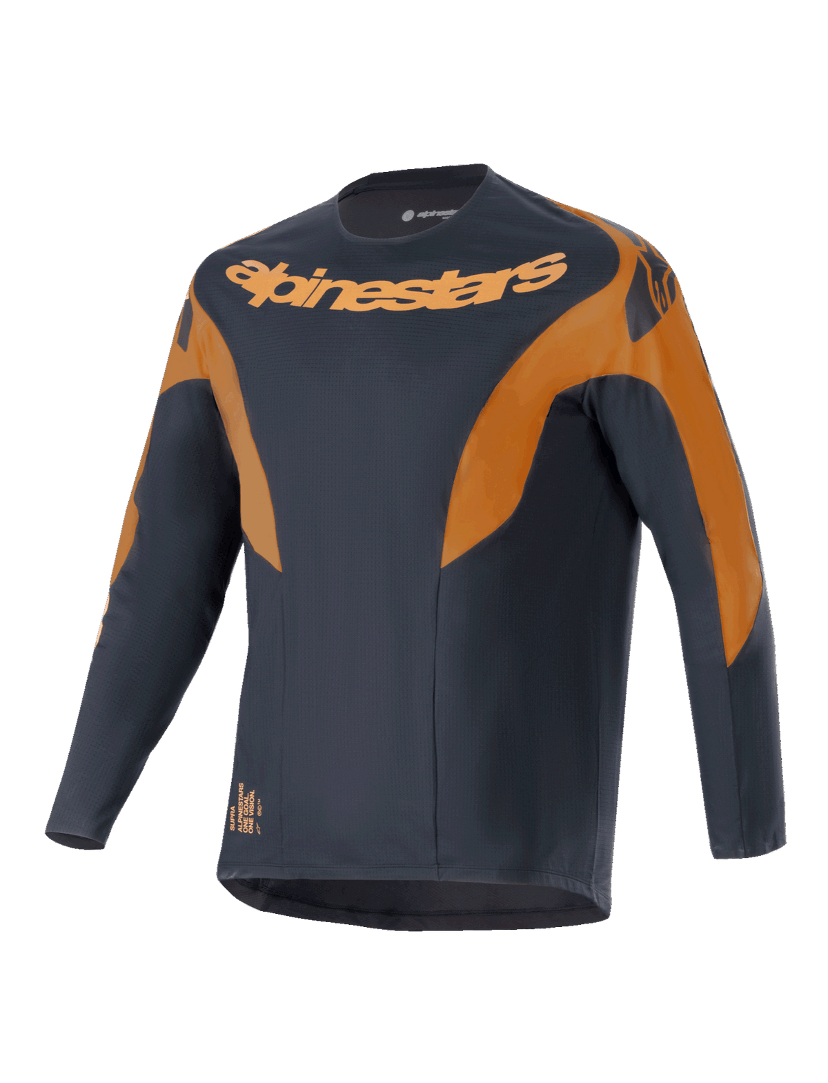 Koszulka Alpinestars A-Supra Race, koszulka MTB z długim rękawem, czarna z pomarańczowymi akcentami, wyraźne logo Alpinestars na klatce piersiowej i ramionach, mikroperforowany materiał poliestrowy, design inspirowany wyścigami