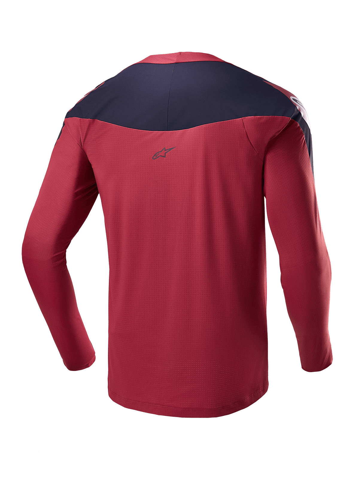 Alpinestars A-Supra Race Jersey - Long Sleeve, bordowa i granatowa, widok z tyłu ukazujący techniczny mikroperforowany materiał, ciemny panel na ramionach z logo, wyczynowa odzież MTB