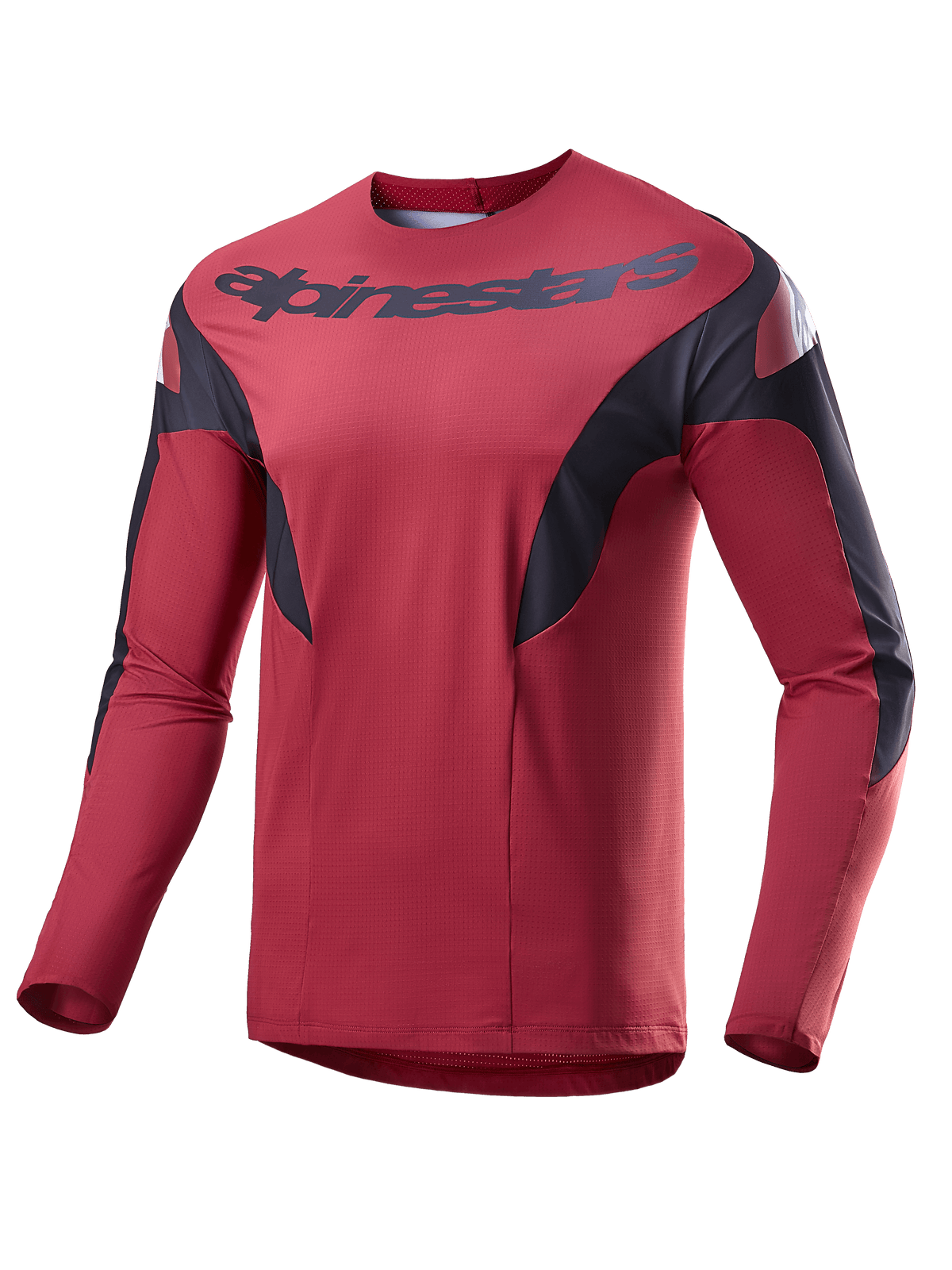 Alpinestars A-Supra Race Jersey, koszulka MTB z długim rękawem, burgundowa z czarnymi panelami bocznymi i białymi akcentami, napis Alpinestars na klatce piersiowej, lekka mikroperforowana tkanina do wyścigów MTB
