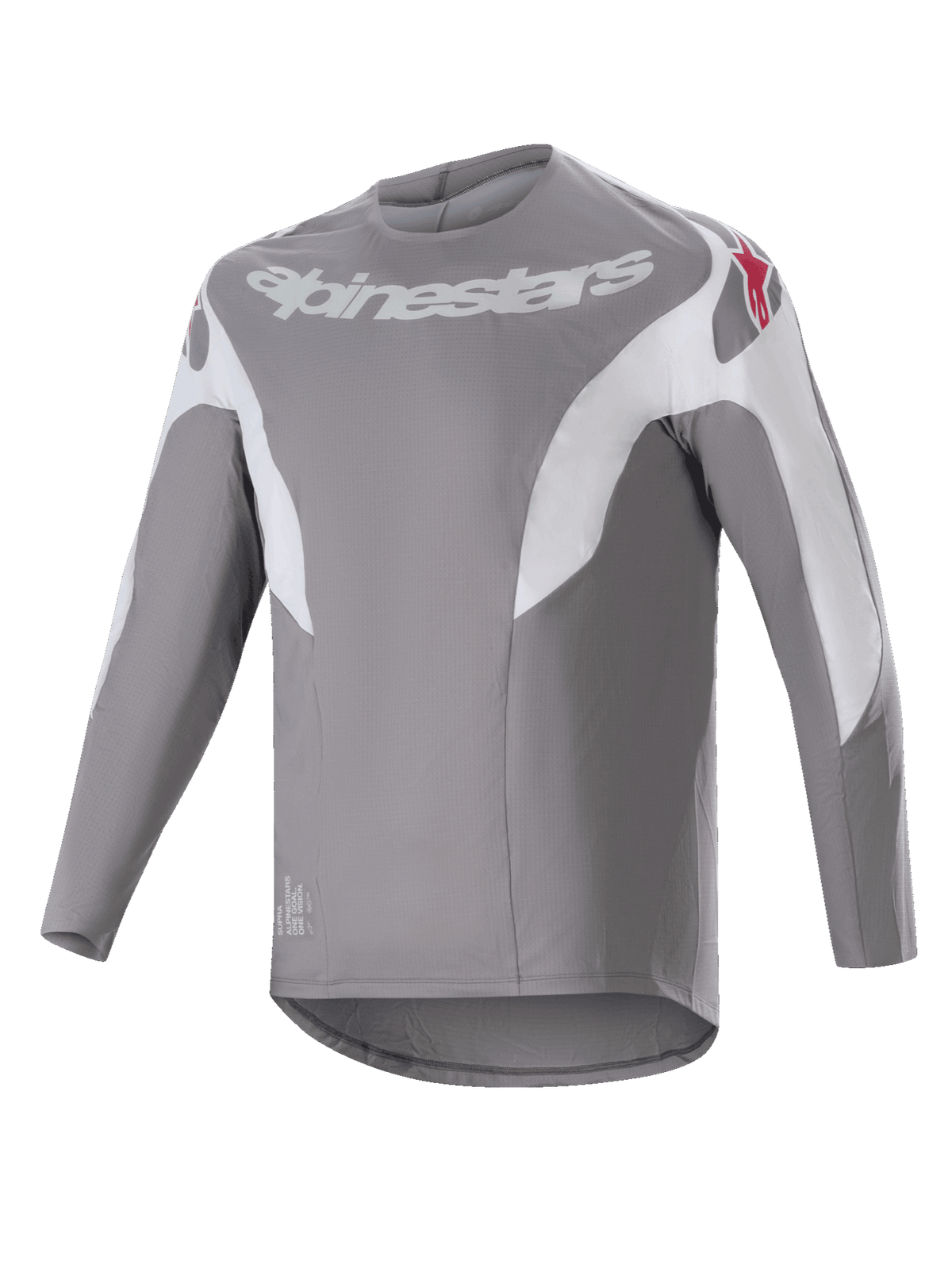 Alpinestars A-Supra Race Jersey, koszulka MTB z długim rękawem, ciemnoszara z białymi panelami, białe logo Alpinestars na klatce piersiowej i czerwone gwiazdy na ramionach, techniczny mikroperforowany materiał, przedłużony tył do jazdy terenowej