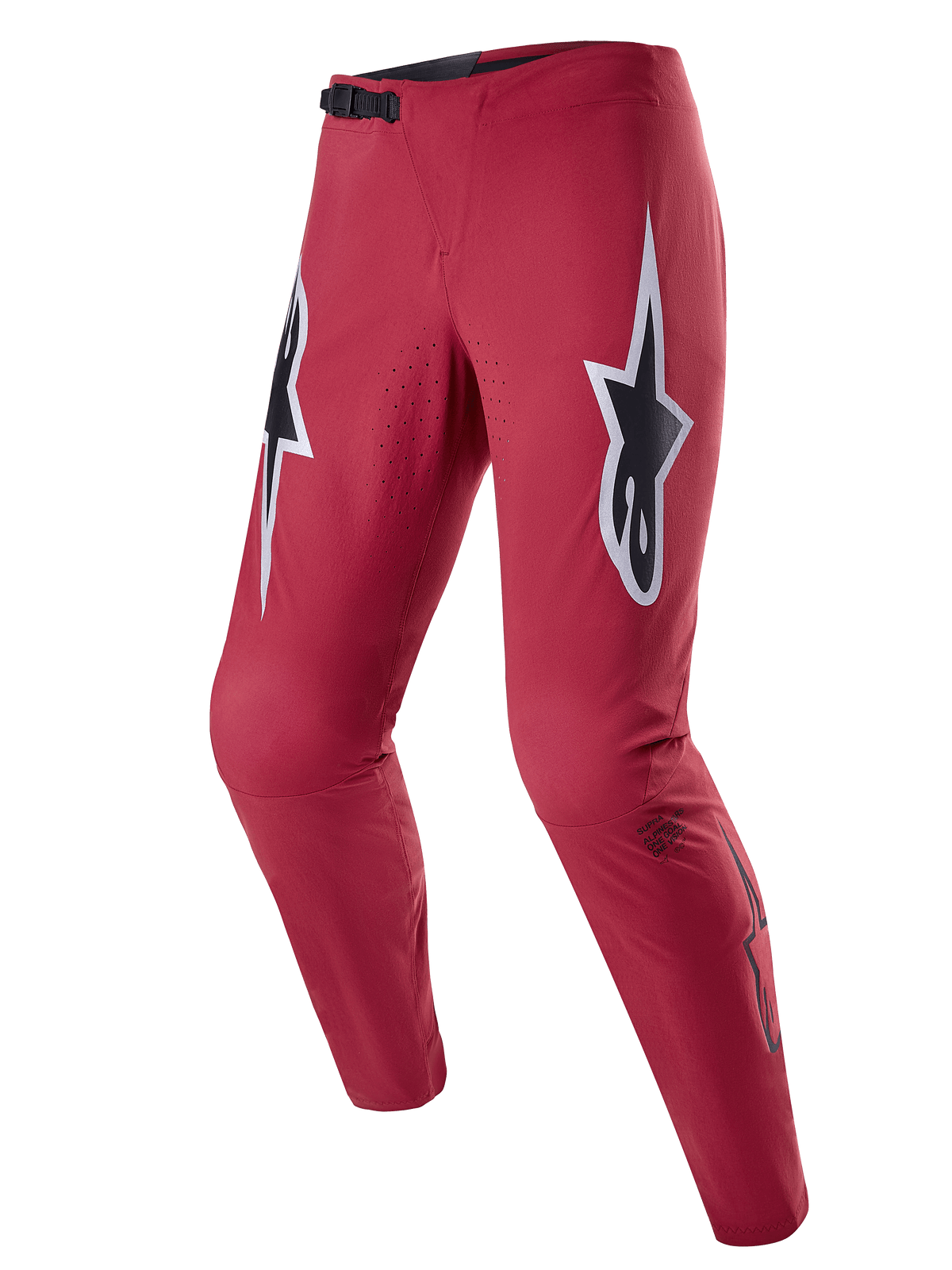 Alpinestars A-Supra Race Pants, spodnie rowerowe MTB, burgundowe z dużymi biało-czarnymi logo w kształcie gwiazd na udach, laserowo perforowana wentylacja, czarne zapięcie zapadkowe w pasie, sportowy krój dopasowany do jazdy górskiej