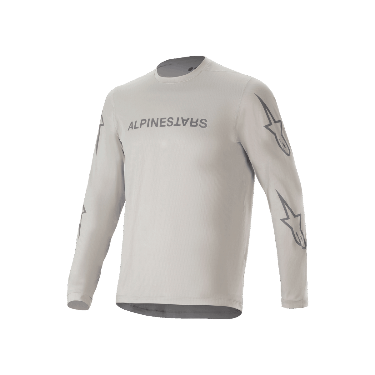 Koszulka Alpinestars A-Dura Switch Long Sleeve Jersey, jasnoszara koszulka rowerowa MTB, napis na klatce piersiowej i logo gwiazdy na rękawach, odzież rowerowa do jazdy po szlakach