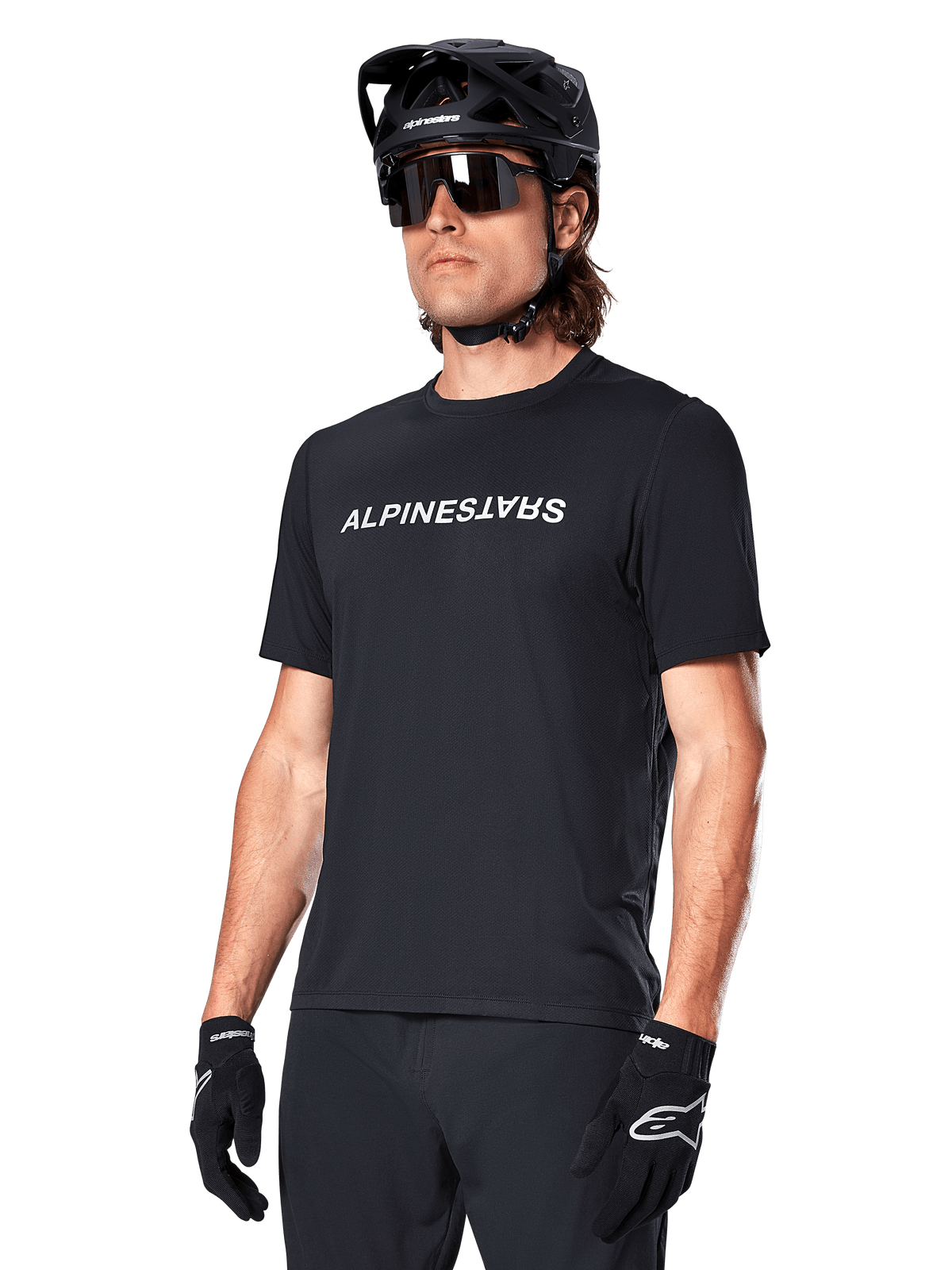 Alpinestars A-Dura Switch Short Sleeve Jersey, MTB Trail, Men's, Black, technical fabric, white wordmark logo.