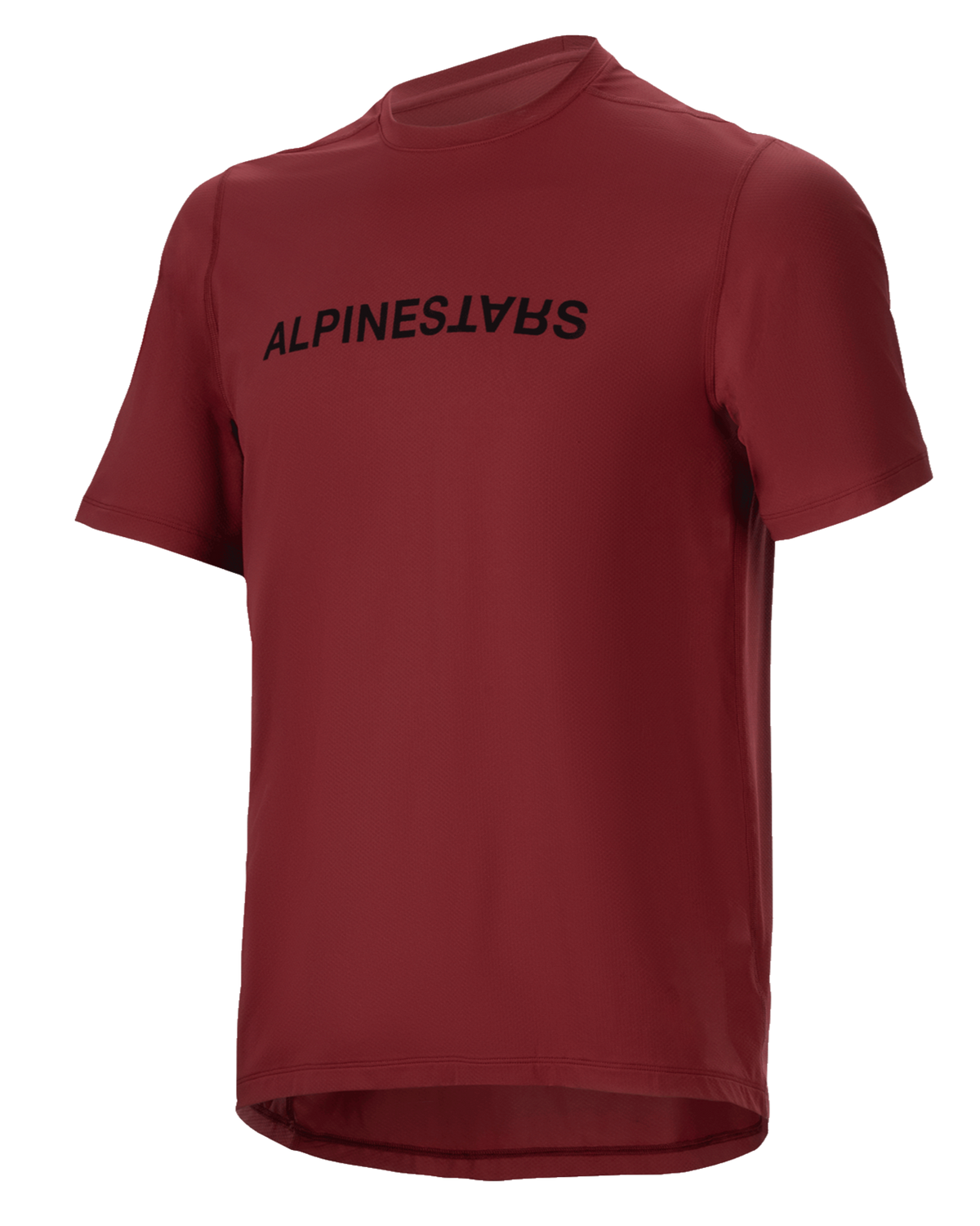 Alpinestars A-Dura Switch Jersey, koszulka MTB z krótkim rękawem, bordowa, czarne logo na piersi, lekka, odprowadzająca wilgoć tkanina, okrągły dekolt i przedłużony tył, zaprojektowana do jazdy terenowej