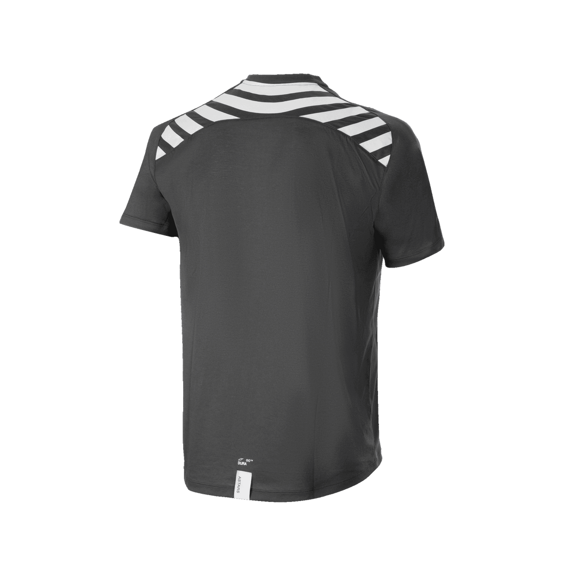 Alpinestars A-Dura Dri Oscar Short Sleeve Jersey, MTB Jersey, Black Reflective, rear view featuring white diagonal stripes on the shoulders and back, drop tail hem for cycling coverage