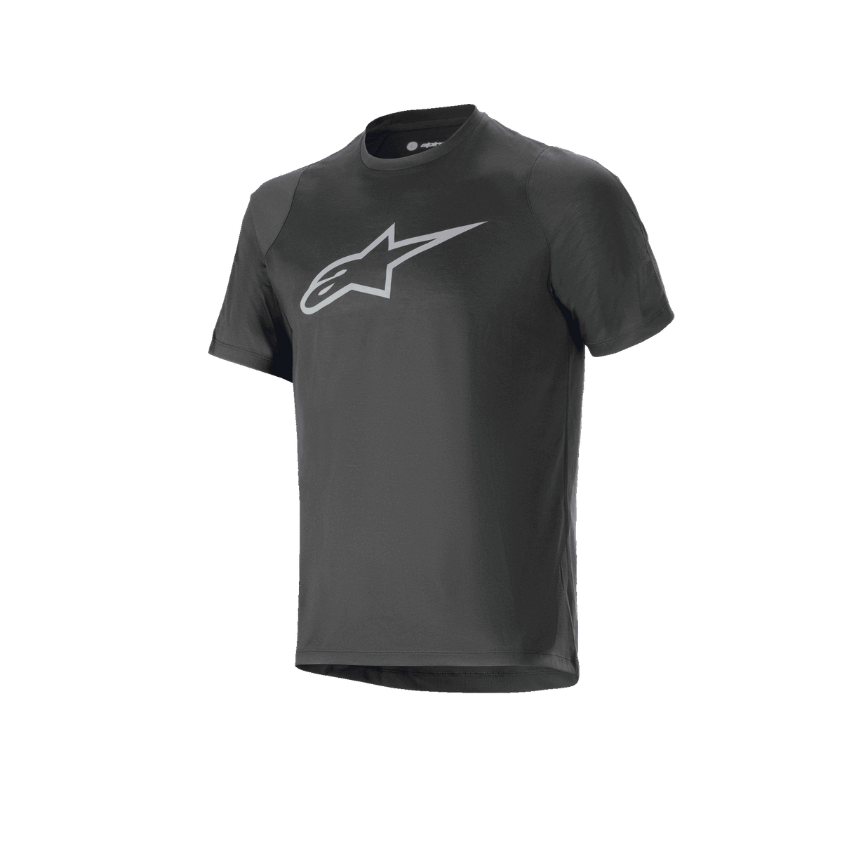 Alpinestars A-Dura Dri Oscar Jersey - Short Sleeve, Black Reflective, featuring a large silver reflective Alpinestars logo on the chest, technical mountain bike jersey with a regular fit