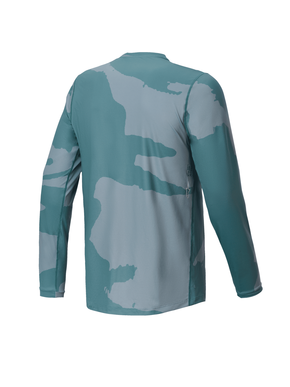 Alpinestars Youth A-Dura Hollow Camo Jersey, młodzieżowa koszulka MTB z długim rękawem, zielony kamuflaż Silver Pine, widok z tyłu z małym detalem logo i przedłużonym tyłem zapewniającym osłonę podczas jazdy