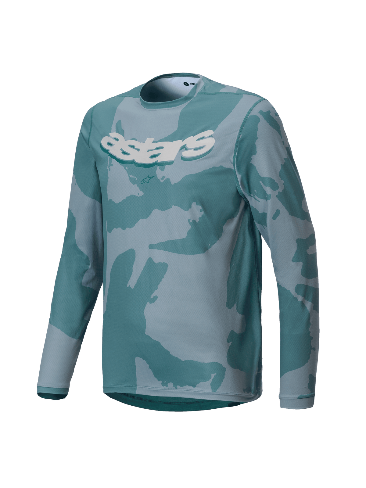 Alpinestars Youth A-Dura Hollow Camo Jersey, koszulka MTB z długim rękawem, kamuflaż Silver Pine z turkusowymi i szarymi wzorami, biała grafika astars na klatce piersiowej, funkcjonalny materiał do jazdy trailowej dla młodzieży