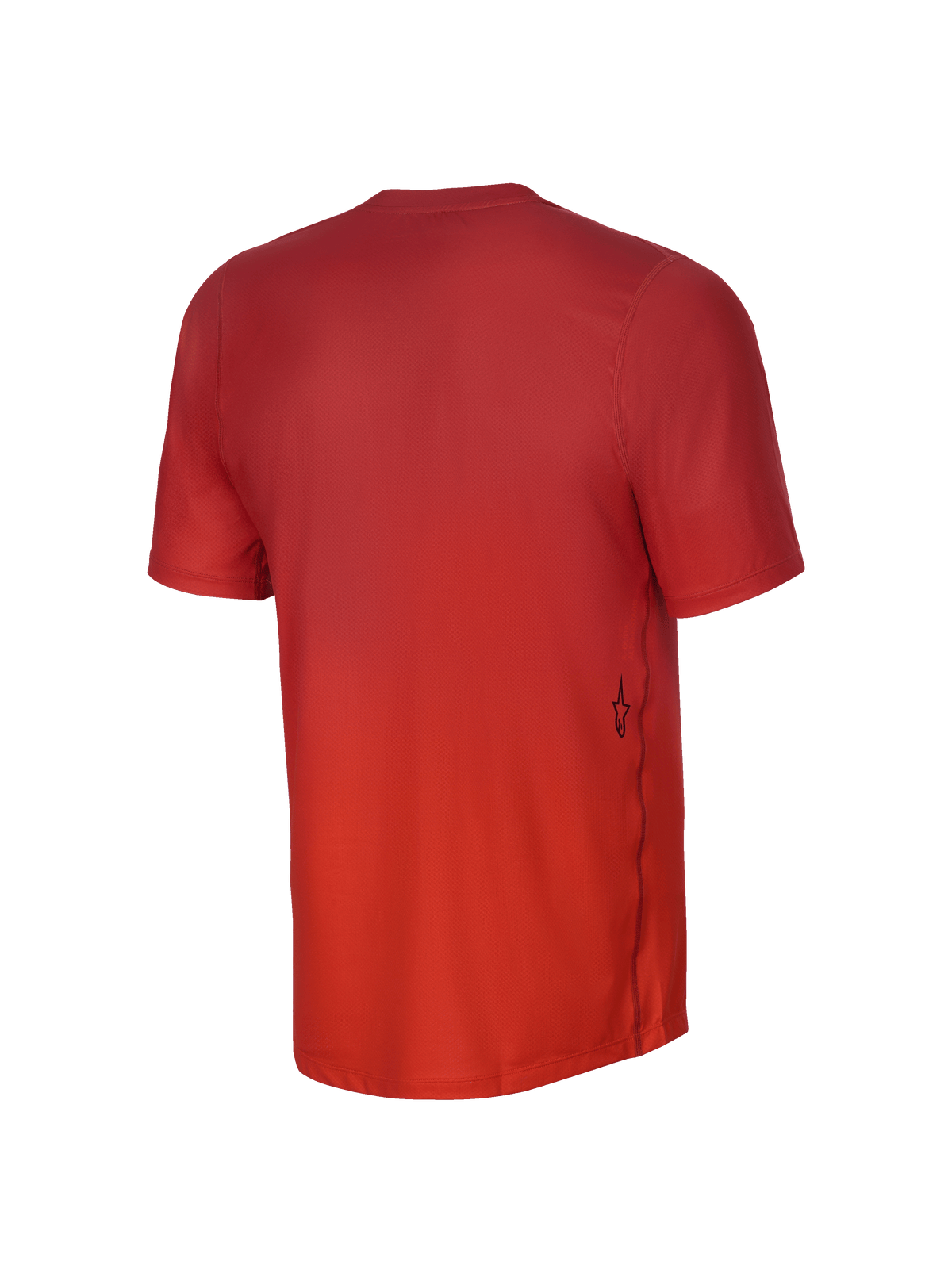 Alpinestars Youth A-Dura Rise Short Sleeve Jersey, widok z tyłu, pomarańczowa (Spicy Orange) młodzieżowa koszulka z krótkim rękawem, żakardowa struktura materiału, małe czarne logo Astars na boku, przedłużony tył dla lepszej osłony podczas jazdy MTB