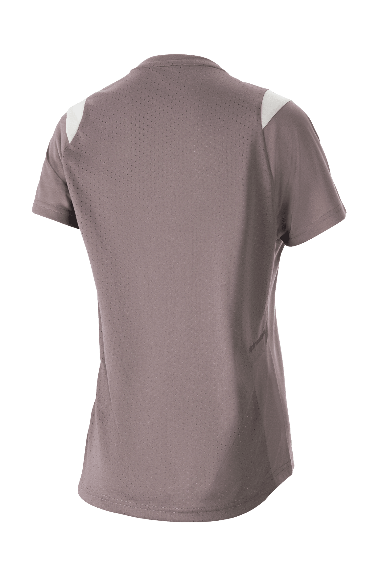 Alpinestars Stella Alps Escape Women's Jersey, damska koszulka z krótkim rękawem, szara (Sparrow Gray) z białymi akcentami na ramionach, widok z tyłu pokazujący rozległą perforowaną siatkę dla wentylacji, materiał DriRelease odprowadzający wilgoć, damska odzież rowerowa MTB