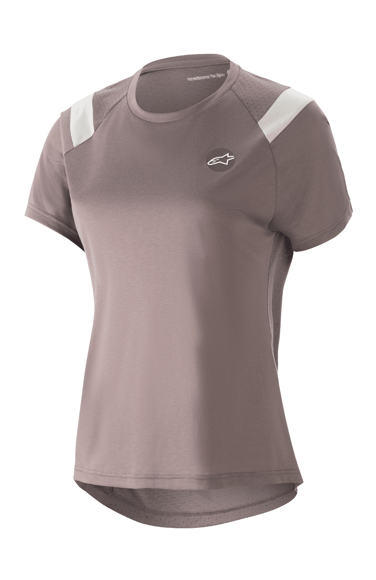 Alpinestars Stella Alps Escape Jersey, damska koszulka MTB z krótkim rękawem, kolor Sparrow Gray z białymi akcentami na ramionach, perforowane panele z siatki zapewniające oddychalność, zaokrąglony przedłużony tył, małe okrągłe logo Astar na piersi, swobodny sportowy krój do jazdy na rowerze górskim